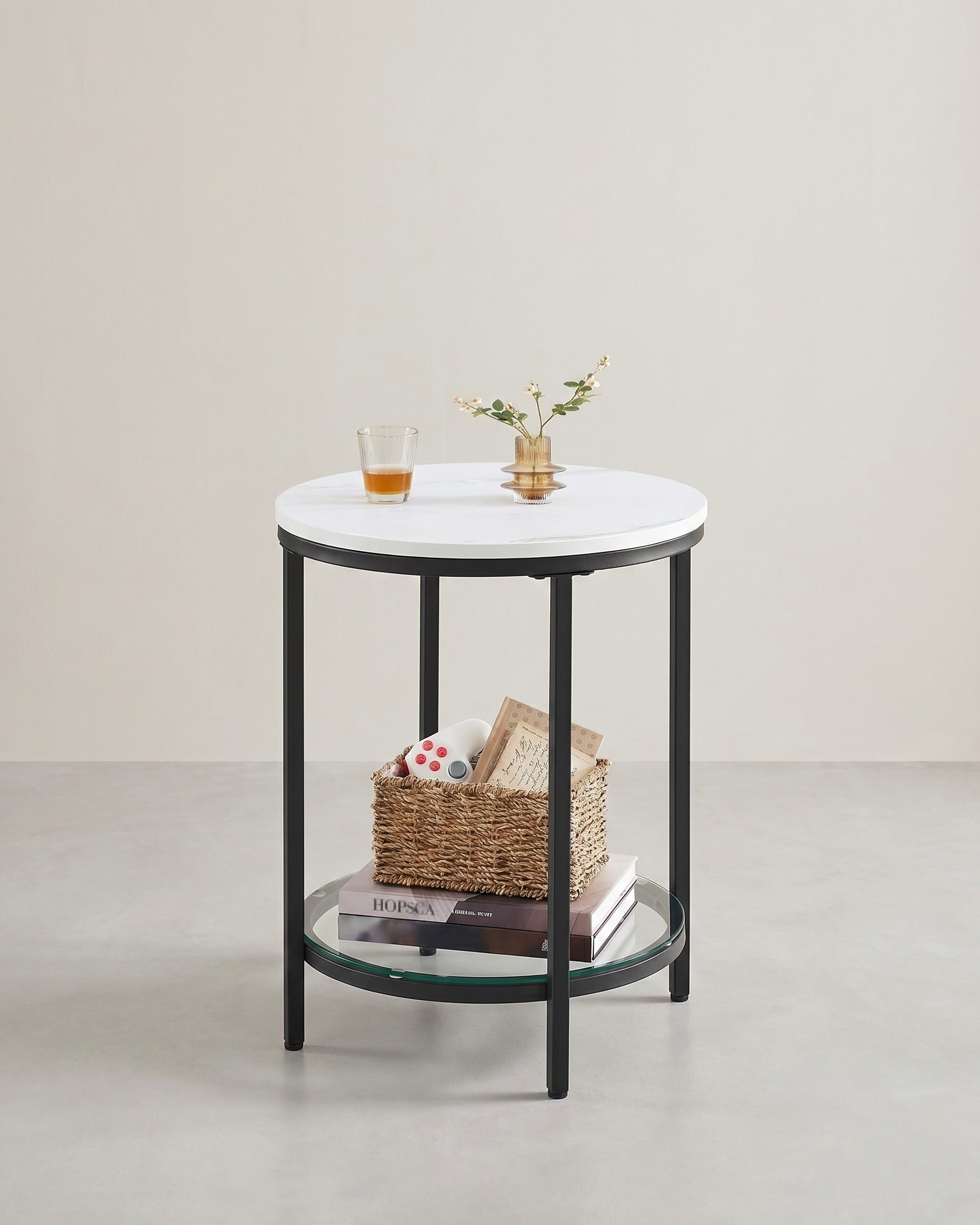 Beistelltisch Marmoroptik - Nachttisch mit 2 Ebenen - Gehärtetes Glas - Wohnzimmer - Schlafzimmer
