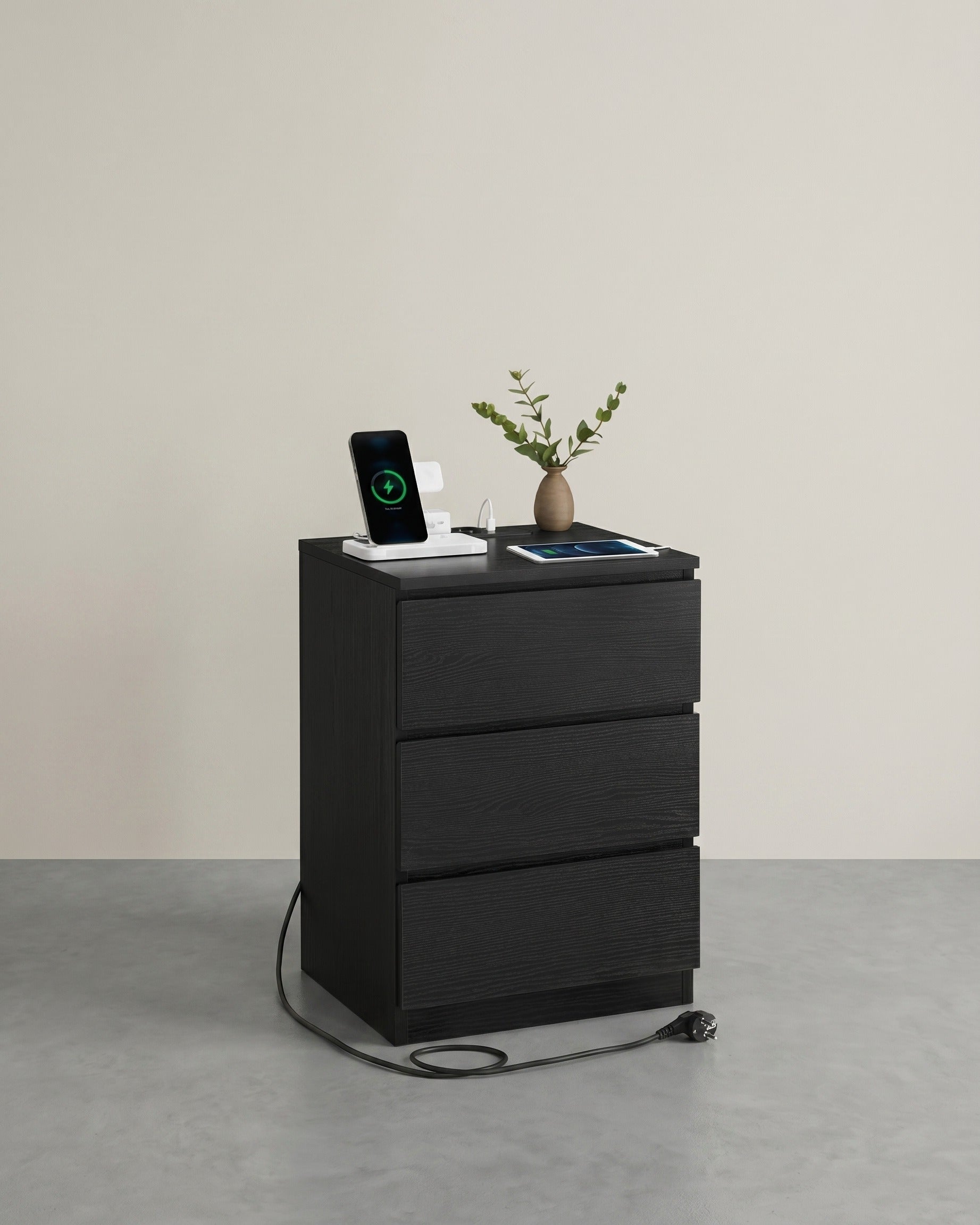 Beistelltisch mit Ladestation - Nachttisch mit USB-Anschluss - Schrank mit Steckdose – Schwarz