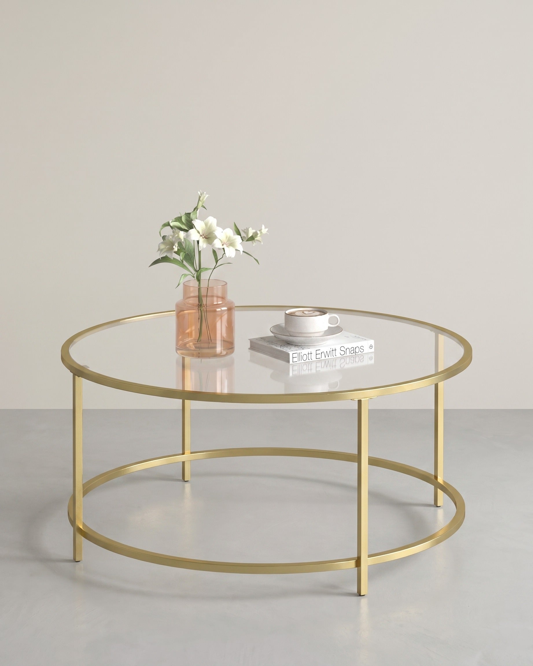 Goldener Couchtisch mit Platte aus gehärtetem Glas – runder Tisch