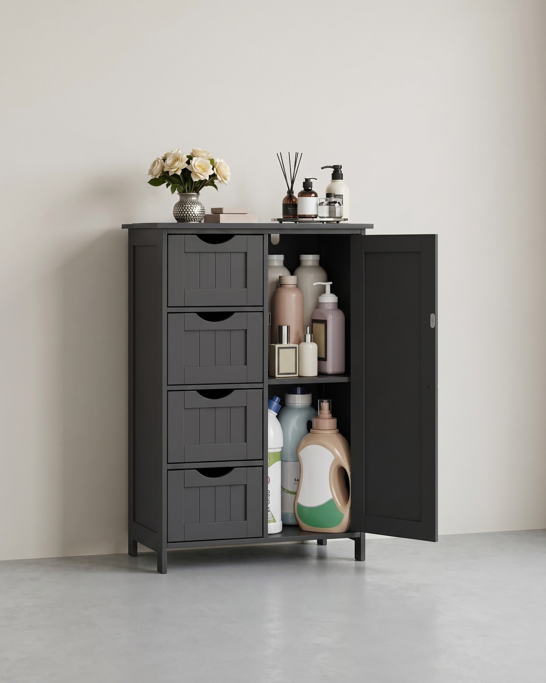 Badezimmerschrank - Kommode - Aufbewahrungsschrank mit Tür und Schubladen - 55 x 30 x 82 cm – Schwarz