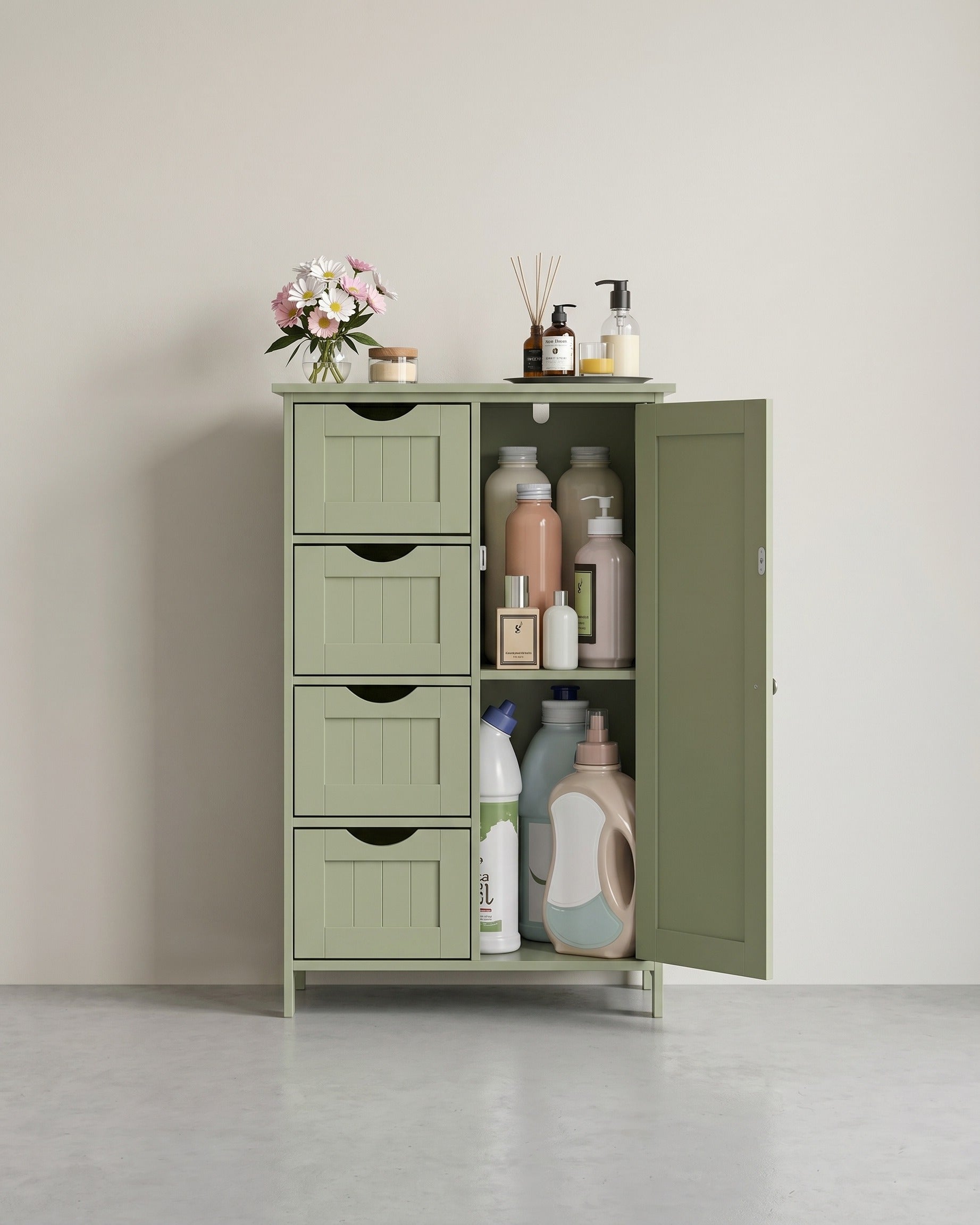 Badezimmerschrank - Kommode - Aufbewahrungsschrank mit Tür und Schubladen - 55 x 30 x 82 cm – Grün