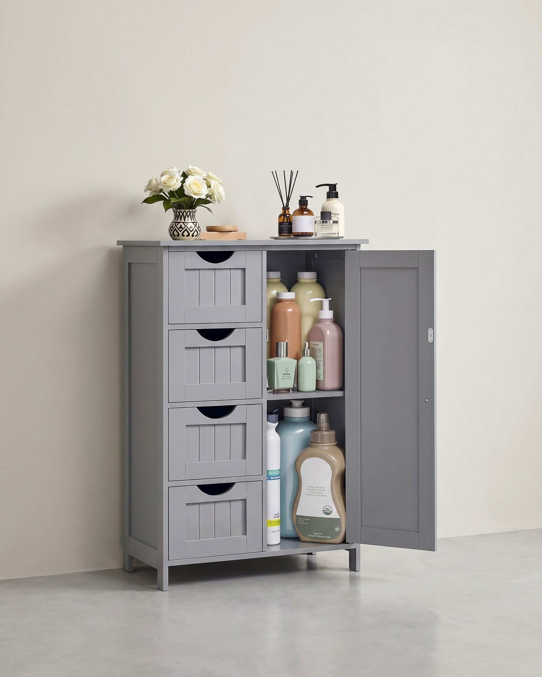 Badezimmerschrank - Kommode - Aufbewahrungsschrank mit Tür und Schubladen - 55 x 30 x 82 cm – Grau