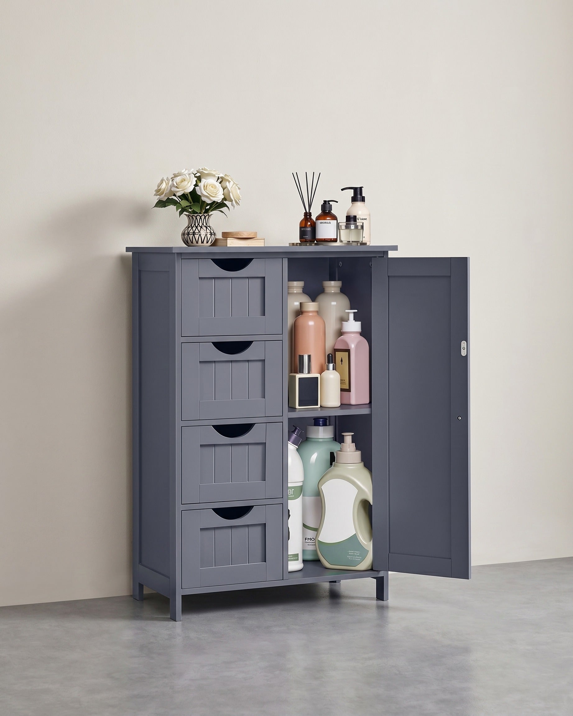 Badezimmerschrank - Kommode - Aufbewahrungsschrank mit Tür und Schubladen - 55 x 30 x 82 cm – Dunkelgrau