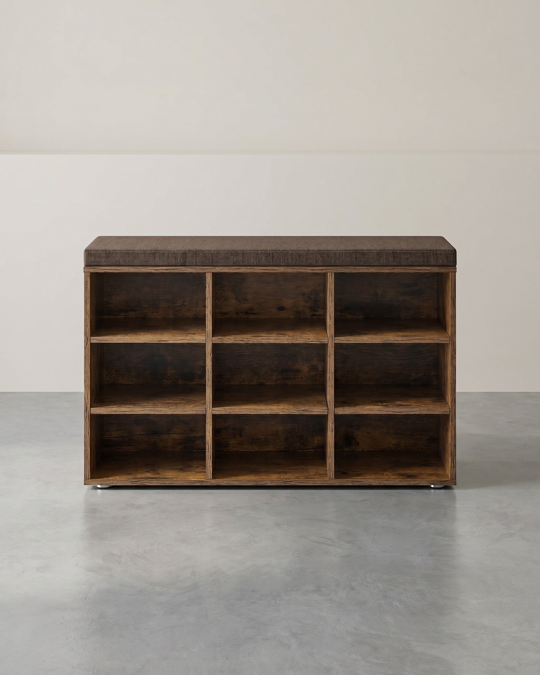 Aufbewahrungsboxen – Schuhbank mit Stauraum – 9 Fächer – Verstellbare Böden – 30,3 x 78,5 x 48 cm – Spanplatte – Schaumstoff – Leinenoptik-Bezug – Max. Belastbarkeit 136 kg