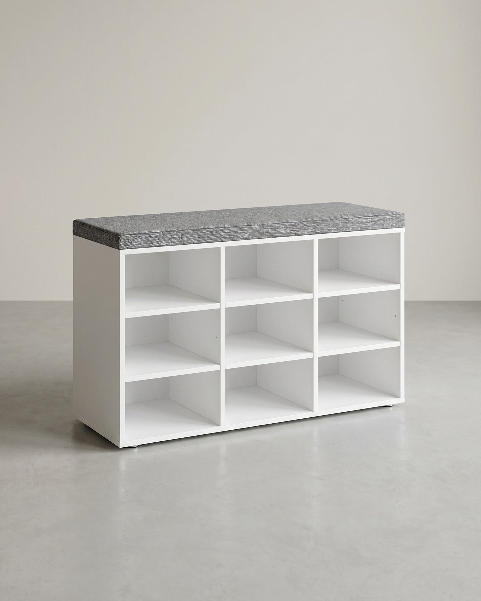 Aufbewahrungsboxen – Schuhbank mit Stauraum – 9 Fächer – Verstellbare Böden – 30,3 x 78,5 x 48 cm – Spanplatte – Schaumstoff – Leinenoptik-Bezug – Max. Belastbarkeit 136 kg