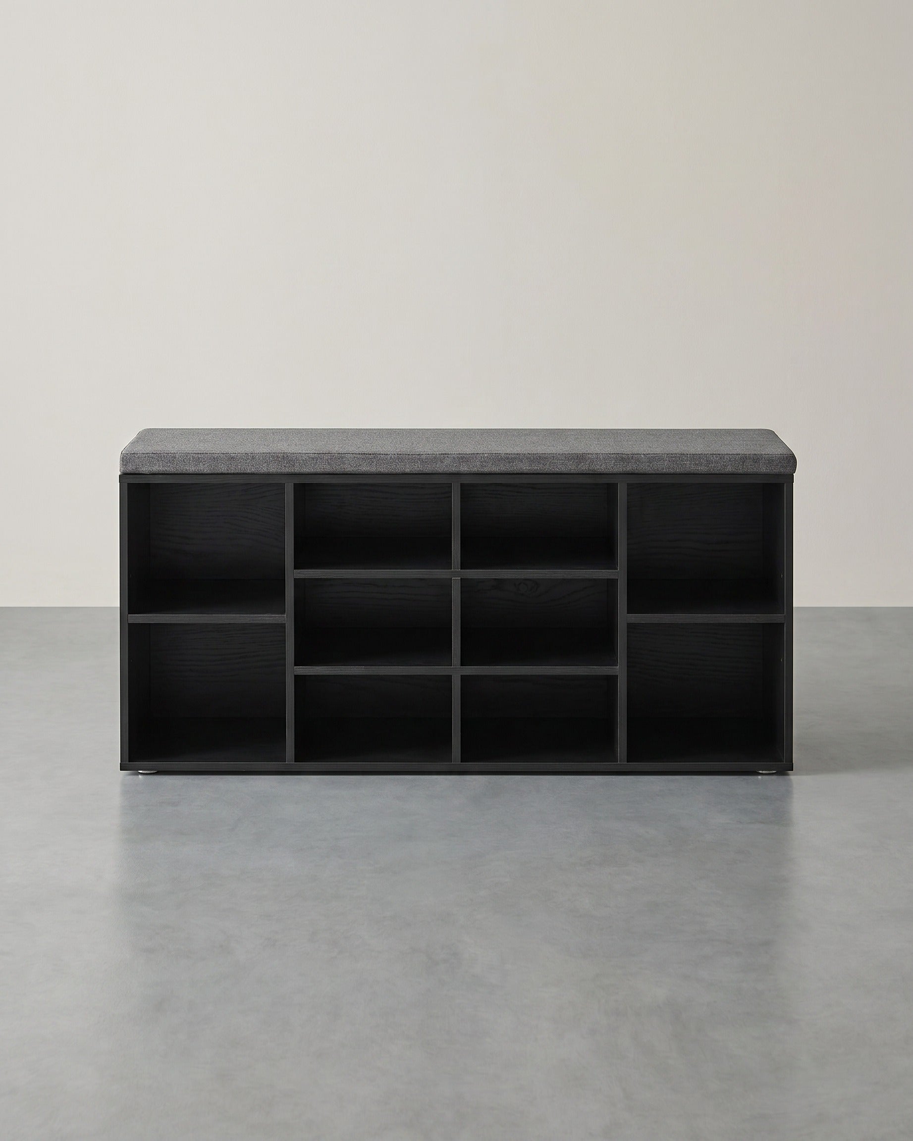 Aufbewahrungsboxen – Schuhbank mit Stauraum – 9 Fächer – Verstellbare Böden – 30,3 x 78,5 x 48 cm – Spanplatte – Schaumstoff – Leinenoptik-Bezug – Max. Belastbarkeit 136 kg