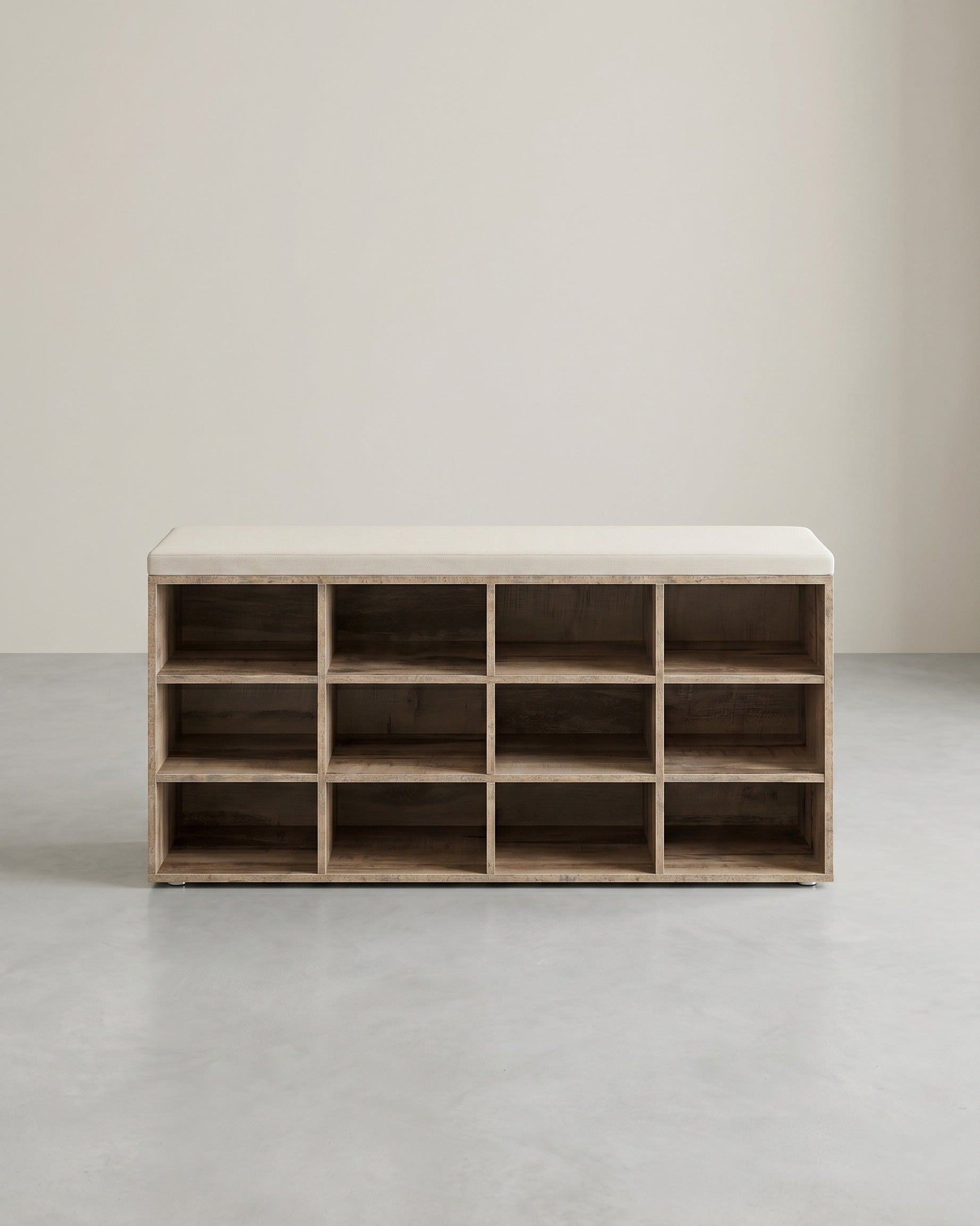 Aufbewahrungsboxen – Schuhbank mit Stauraum – 9 Fächer – Verstellbare Böden – 30,3 x 78,5 x 48 cm – Spanplatte – Schaumstoff – Leinenoptik-Bezug – Max. Belastbarkeit 136 kg