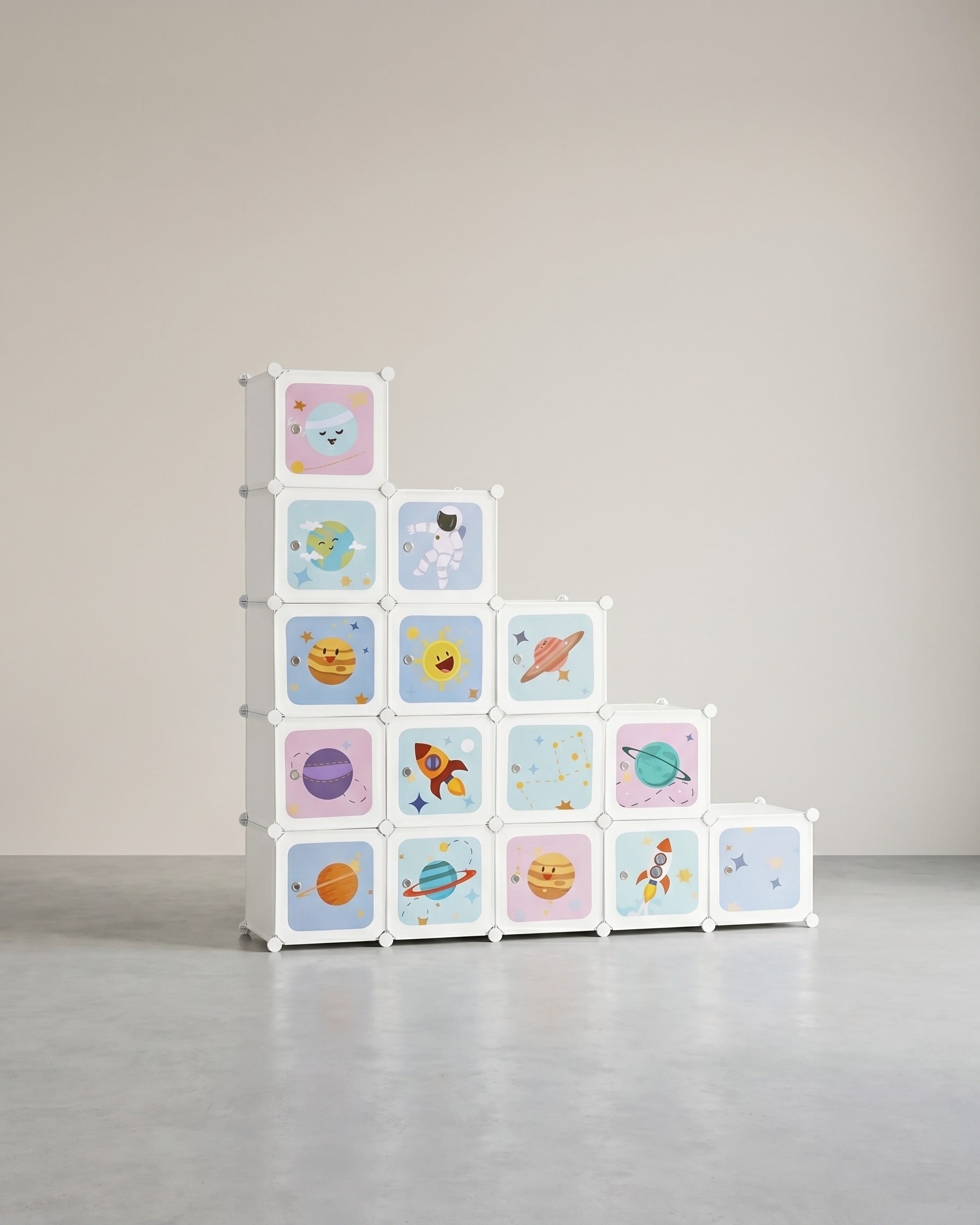 Würfelregal mit Weltraummotiv – Kinderkleiderschrank mit 16 Fächern – inkl. Türen, Hammer- und Kippschutz – 123 x 123 cm