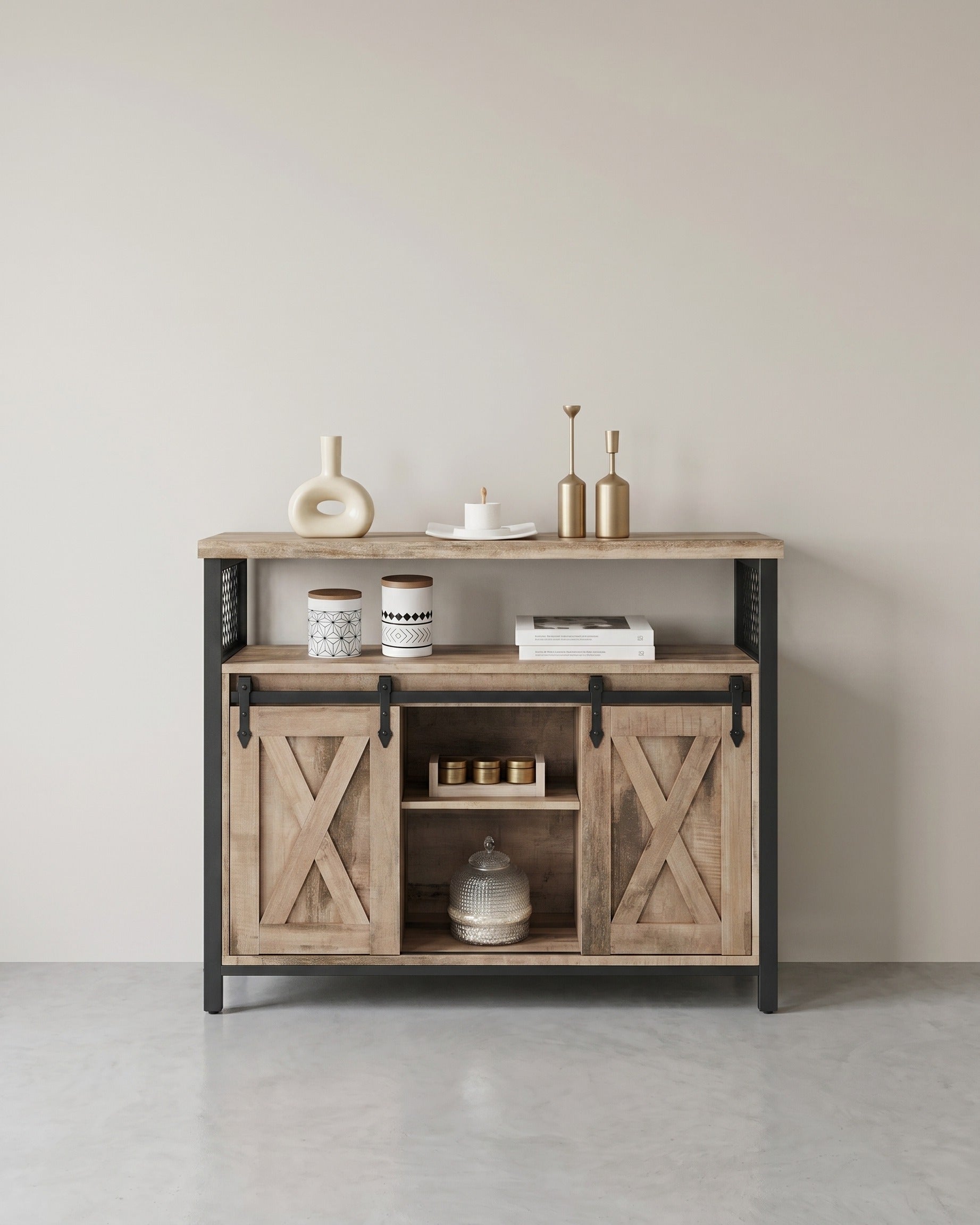 Sideboard mit Schiebetüren - Schrank 100 cm breit - Vintage Braun und Schwarz – Hellbraun