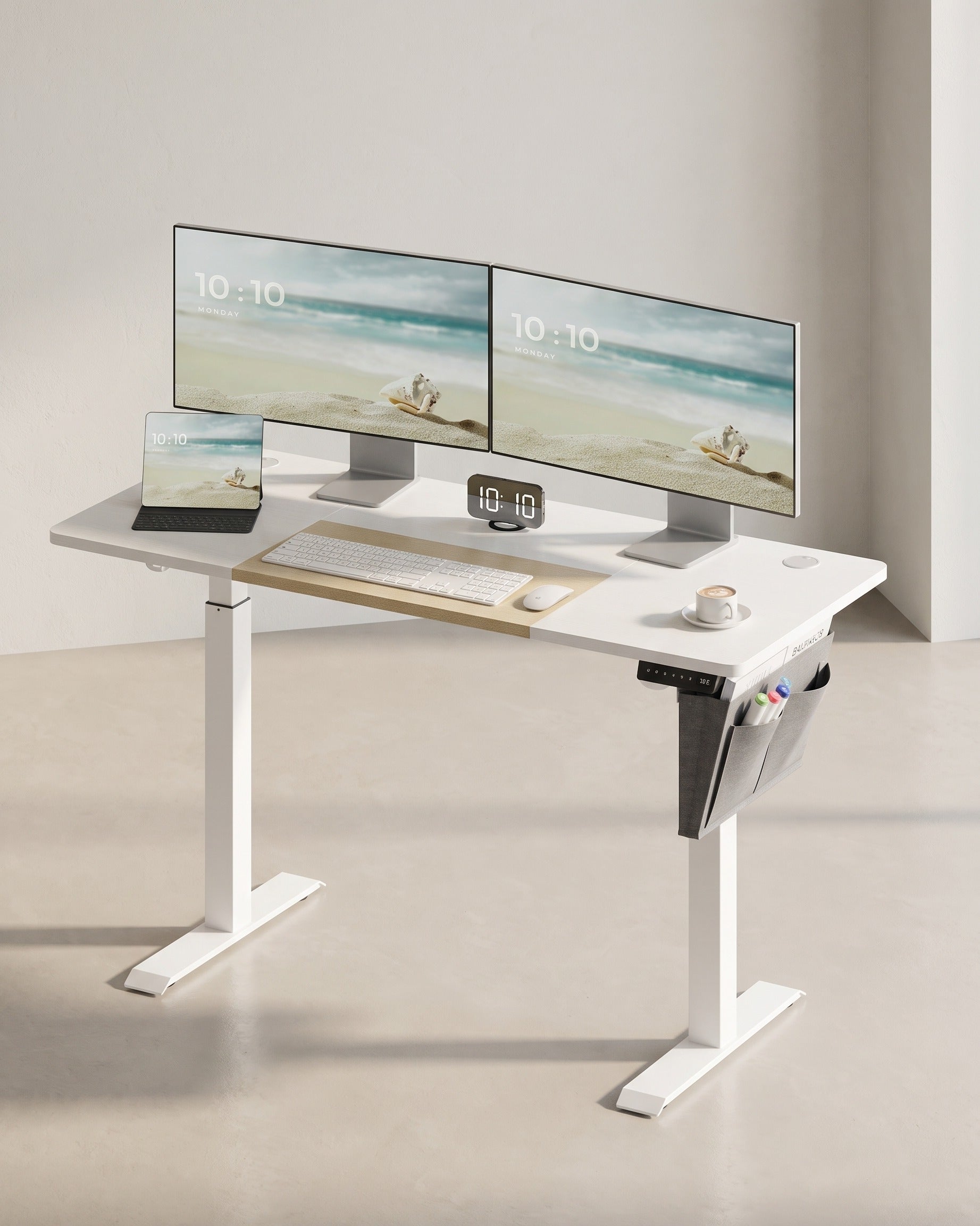 Komplettes Arbeitsplatz-Budget – Elektrischer Sitz-Steh-Schreibtisch + ergonomischer Bürostuhl – Höhenverstellbarer Schreibtisch – Heimarbeitsplatz – Weiß