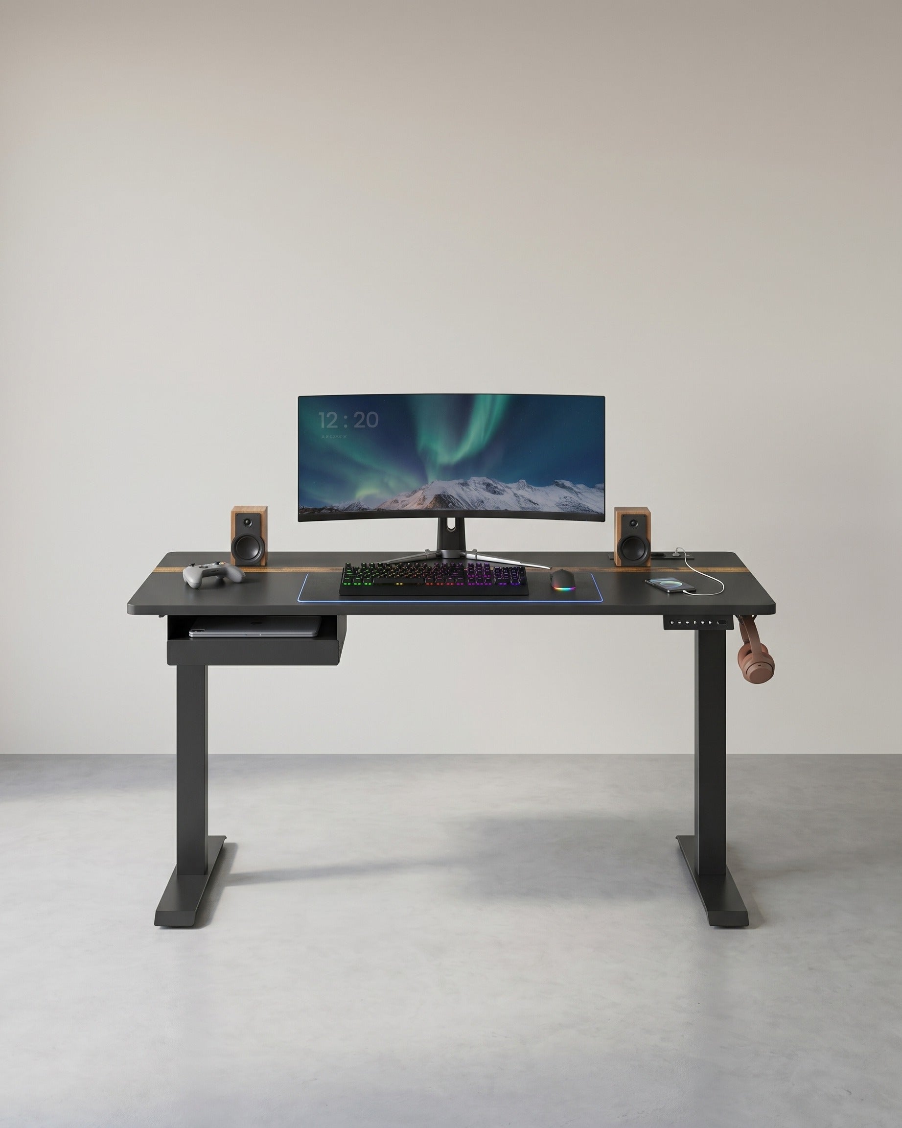 Kompletter Arbeitsplatz – Elektrischer Stehschreibtisch + ergonomischer Bürostuhl – mit Memory-Funktion – Steckdose – verstellbare Rücken- und Armlehnen – Schwarz