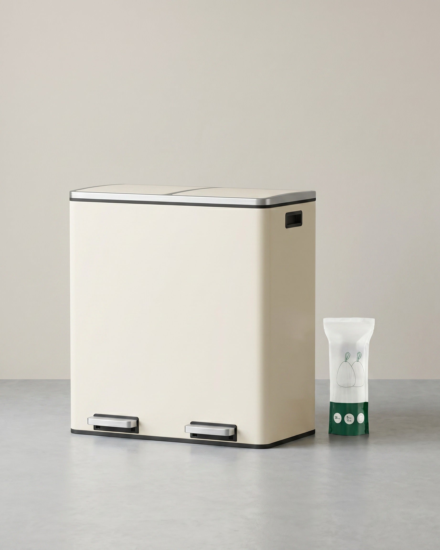 2-Fach Abfalleimer - 60 Liter Separater Abfalleimer - Treteimer - Mülltrennung – Creme