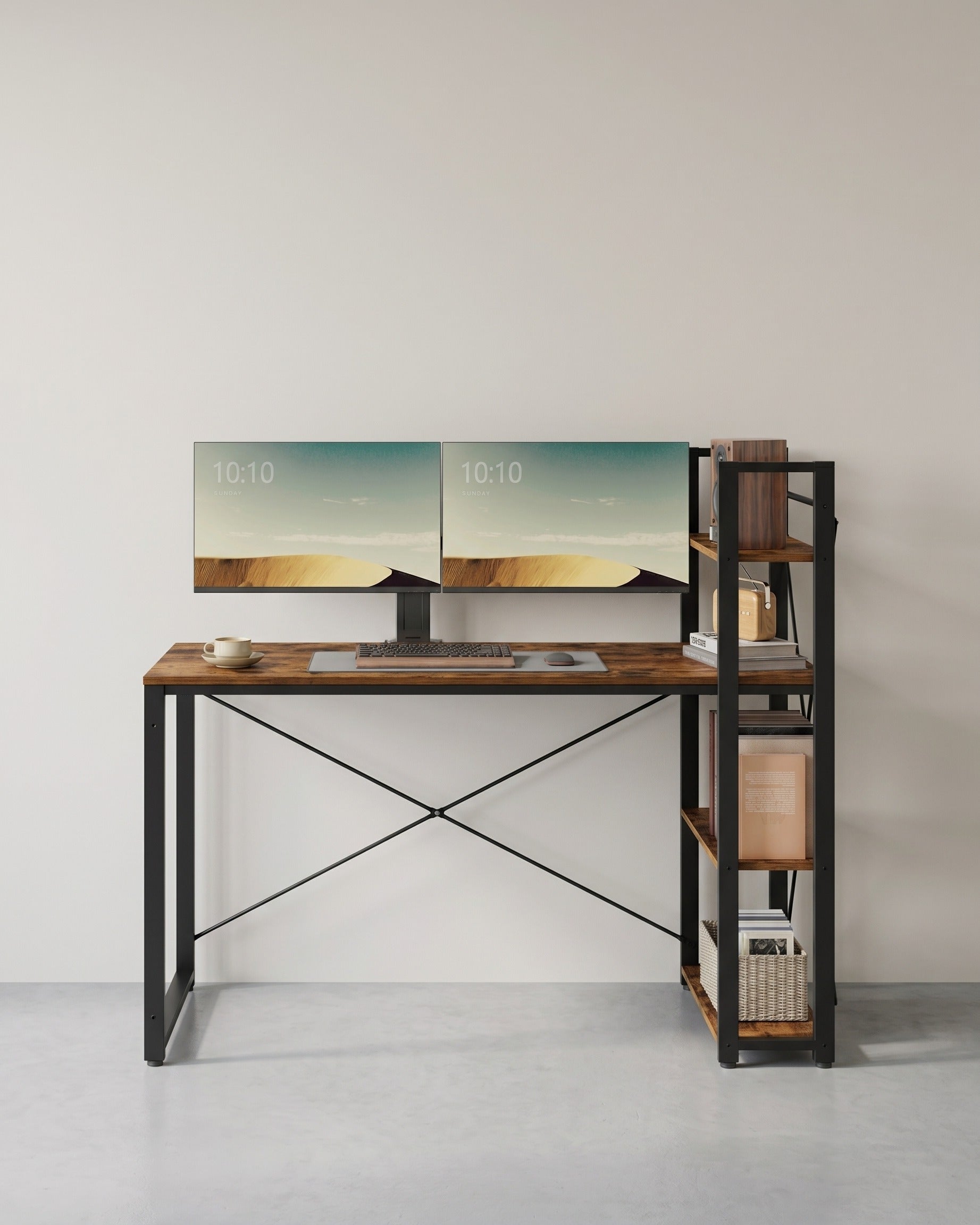 Industrie-Schreibtisch mit 3 Ablagen – 120 cm – Rechts oder Links montierbar – Verstellbare Füße – Bis 50 kg belastbar – Braun