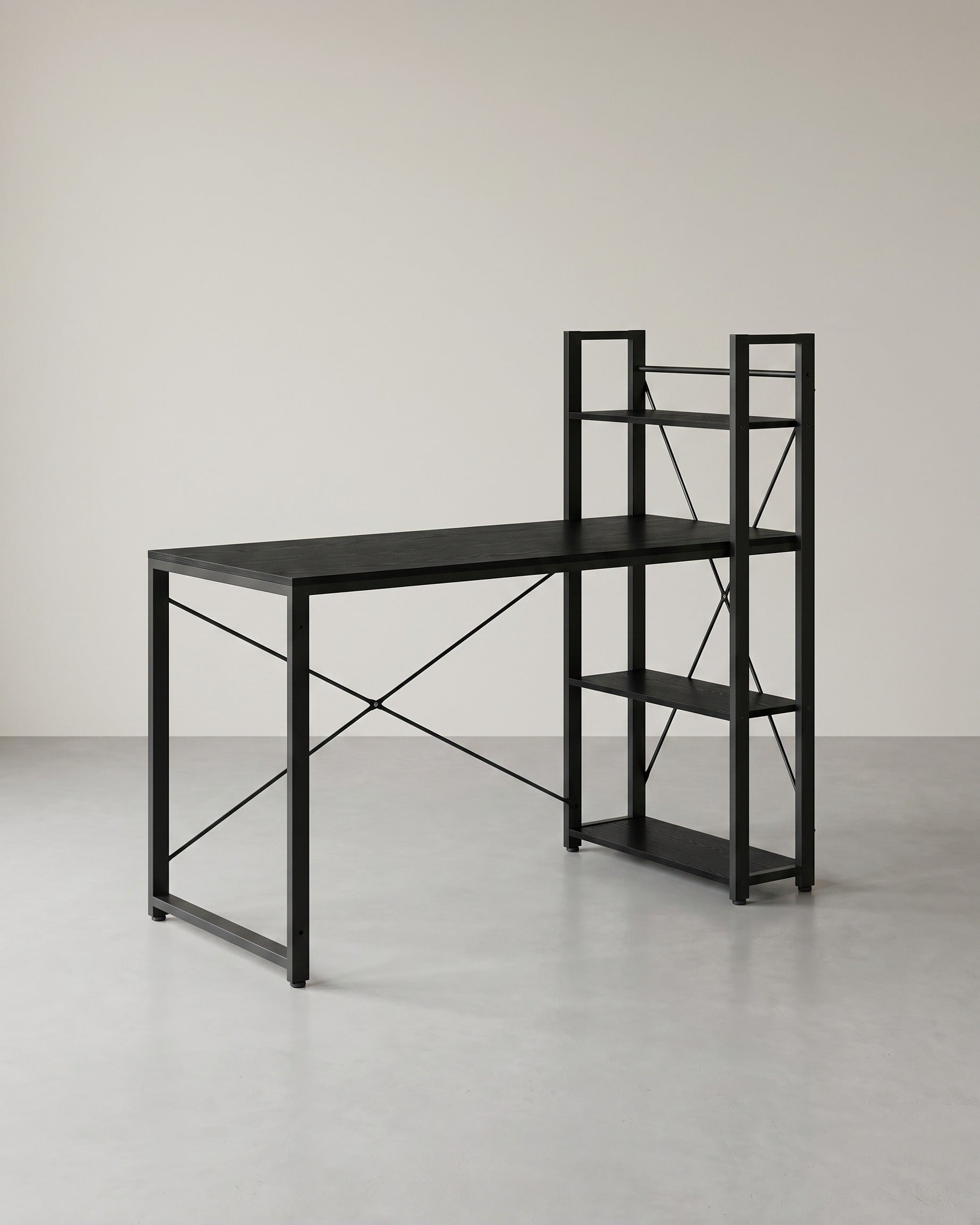 Industrie-Schreibtisch mit 3 Ablagen – 120 cm – Rechts oder Links montierbar – Verstellbare Füße – Bis 50 kg belastbar – Schwarz