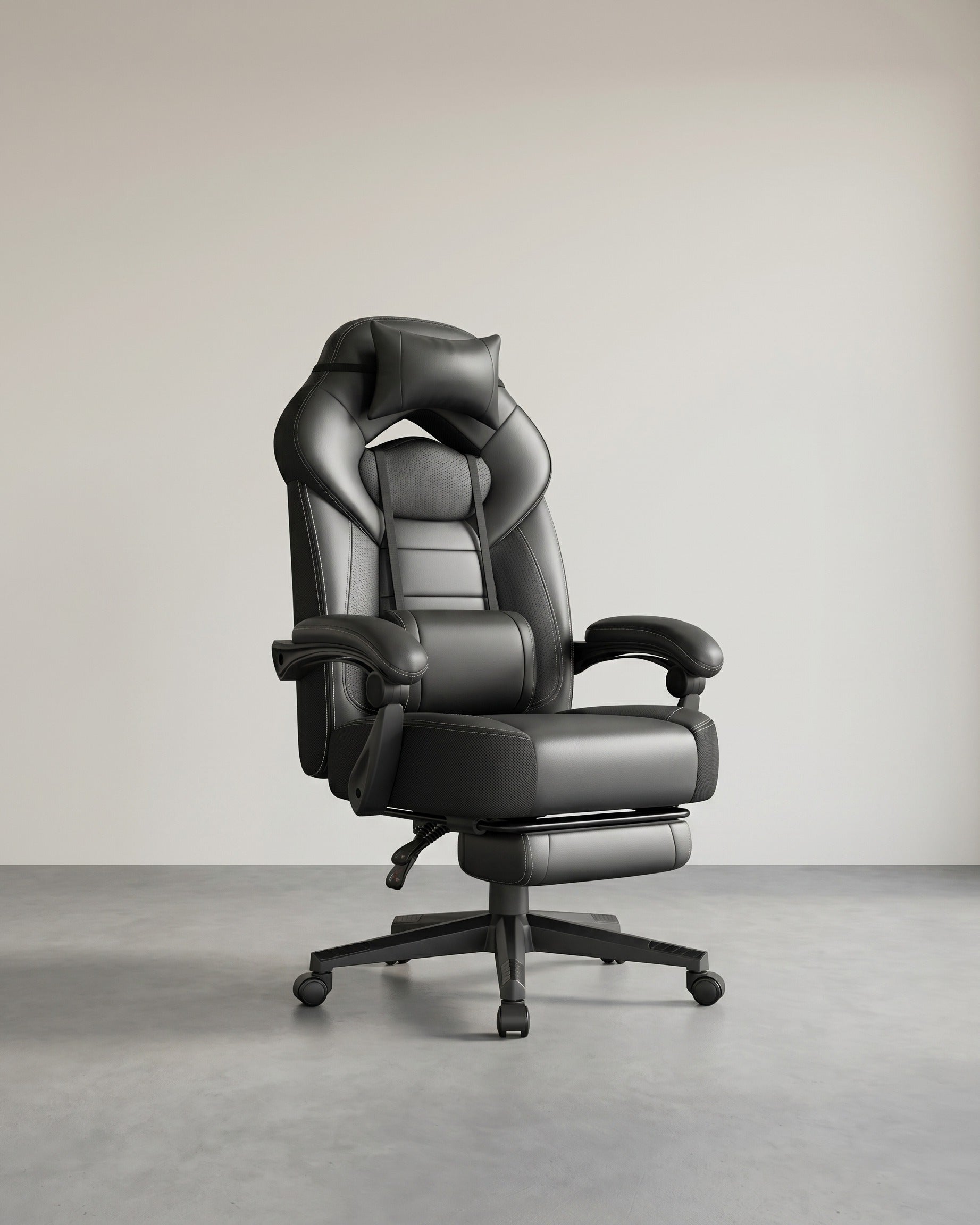 Gaming-Stuhl mit Fußstütze – ergonomisch – neigbar – extra dicke Sitzfläche – höhenverstellbar – Schwarz | Kunstleder