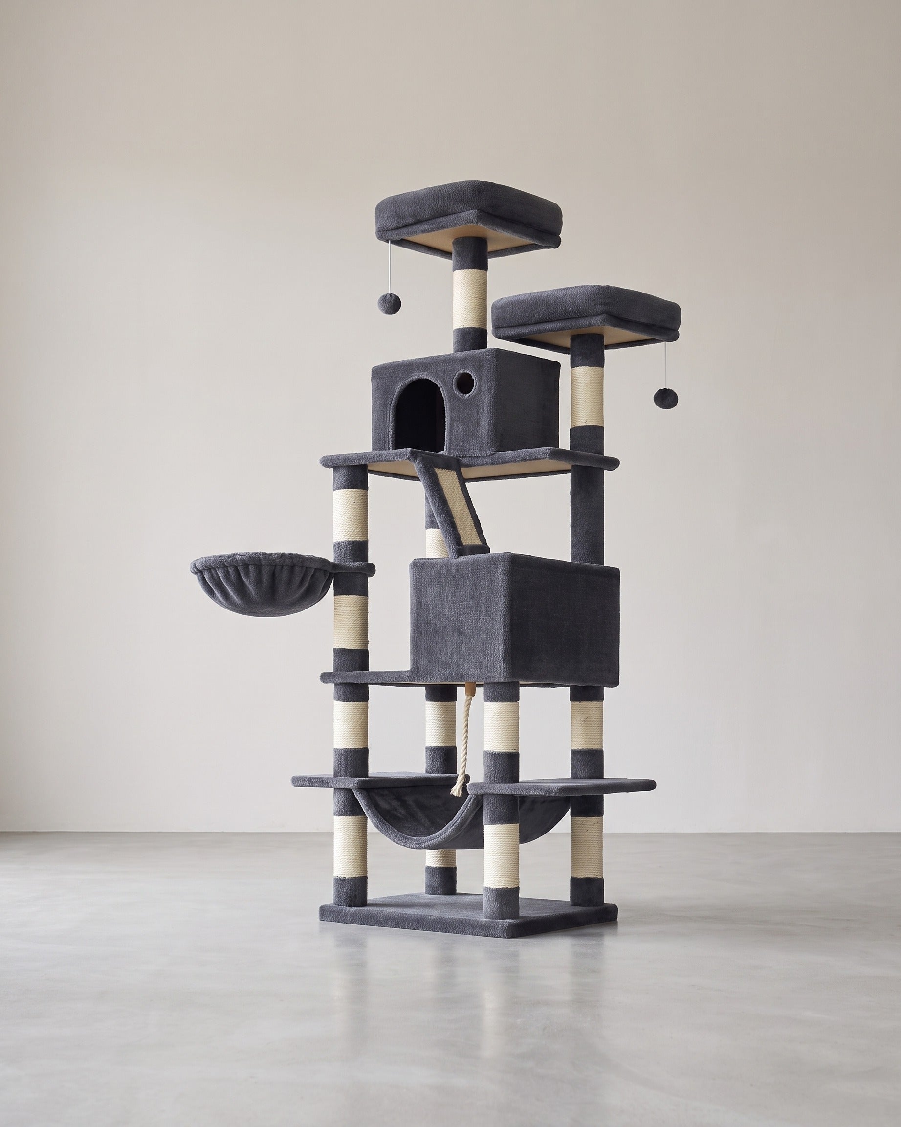 Luxuriöser Katzenbaum 168 cm - Mehrstöckiger Katzenbaum mit Kratzstämmen, Hängematte und Katzenhaus für große Katzen – Rauchgrau