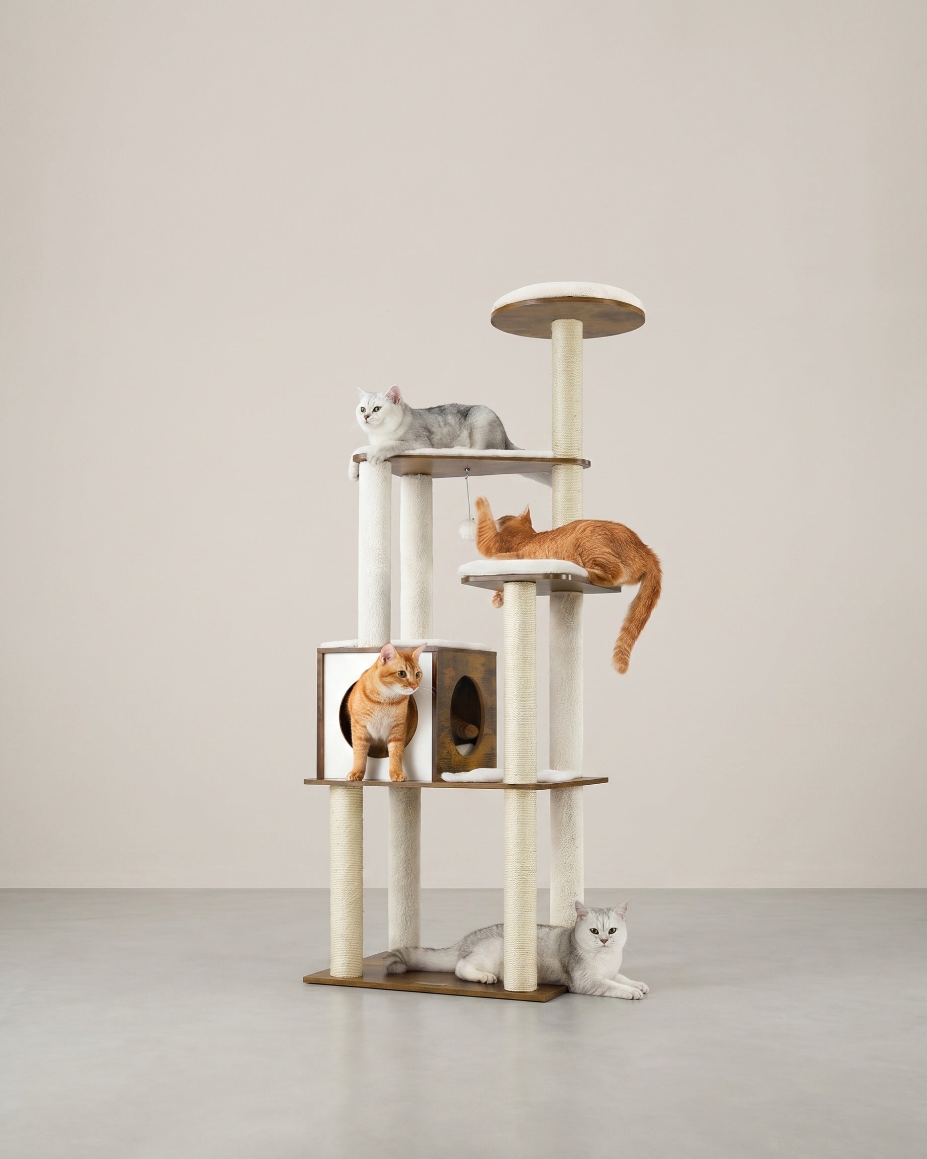 Moderner Katzenbaum 165 cm – Stilvolles Katzenmöbel mit weichen Kissen, Kratzstämmen und abnehmbaren Bezügen – Braun