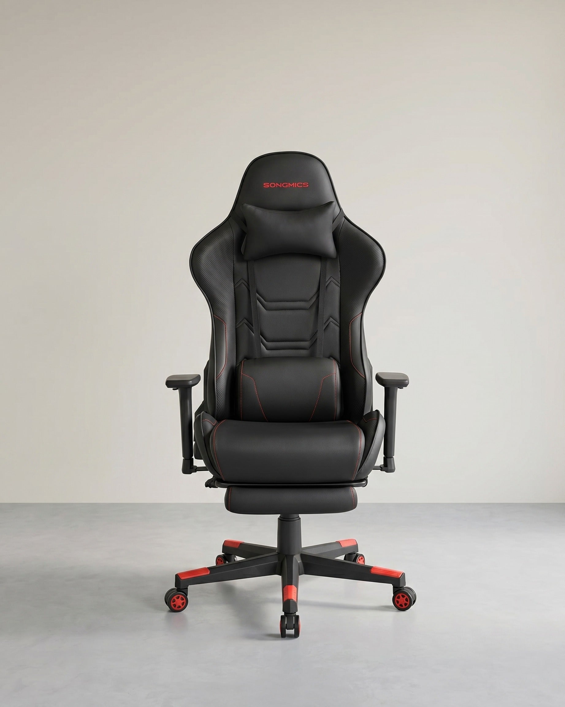 Gaming Bürostuhl – Ergonomisch verstellbar – Mit Fußstütze & Wippfunktion – Belastbar bis 150 kg – Schwarz / Rot