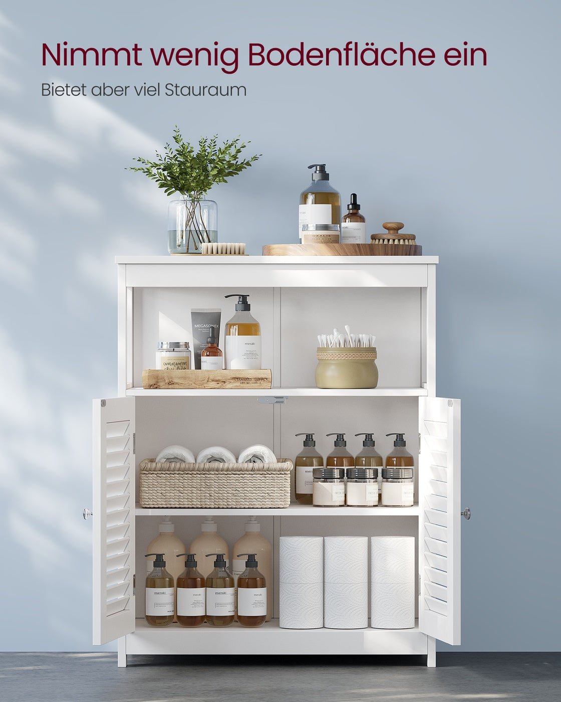Badezimmerschrank mit Lamellentüren – feuchtigkeitsbeständig und praktisch