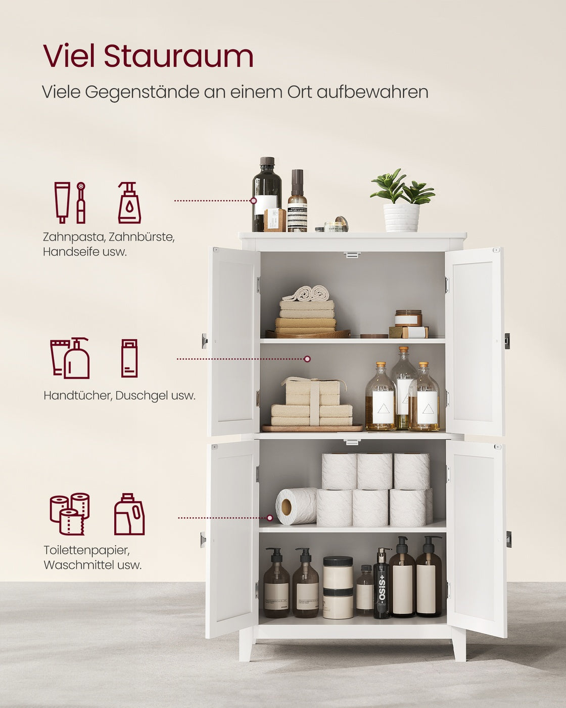 Badezimmerschrank mit Ober- und Unterschränken – Großzügiger Stauraum und verstellbare Einlegeböden