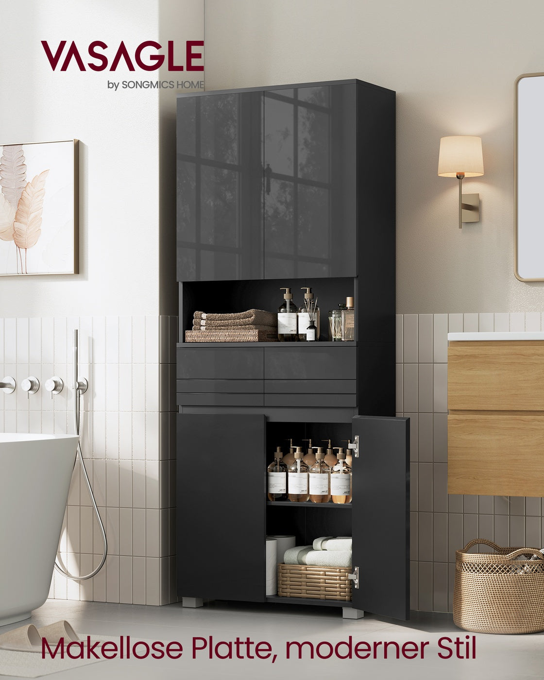Schmaler Hoher Badezimmerschrank - Mit Glastür Und Füßen - Für Badezimmer