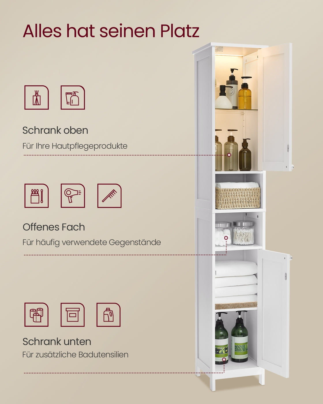 Hoher und schmaler Badezimmerschrank mit Beleuchtung – Moderner Aufbewahrungsschrank – Mit verstellbaren Regalen – 170 cm hoch – Weiß