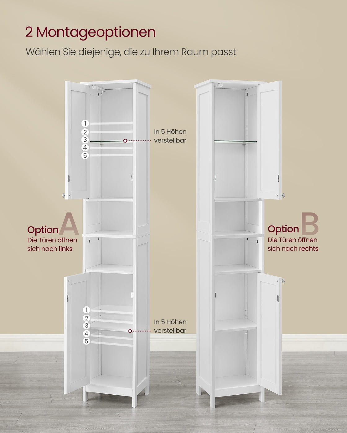 Hoher und schmaler Badezimmerschrank mit Beleuchtung – Moderner Aufbewahrungsschrank – Mit verstellbaren Regalen – 170 cm hoch – Weiß