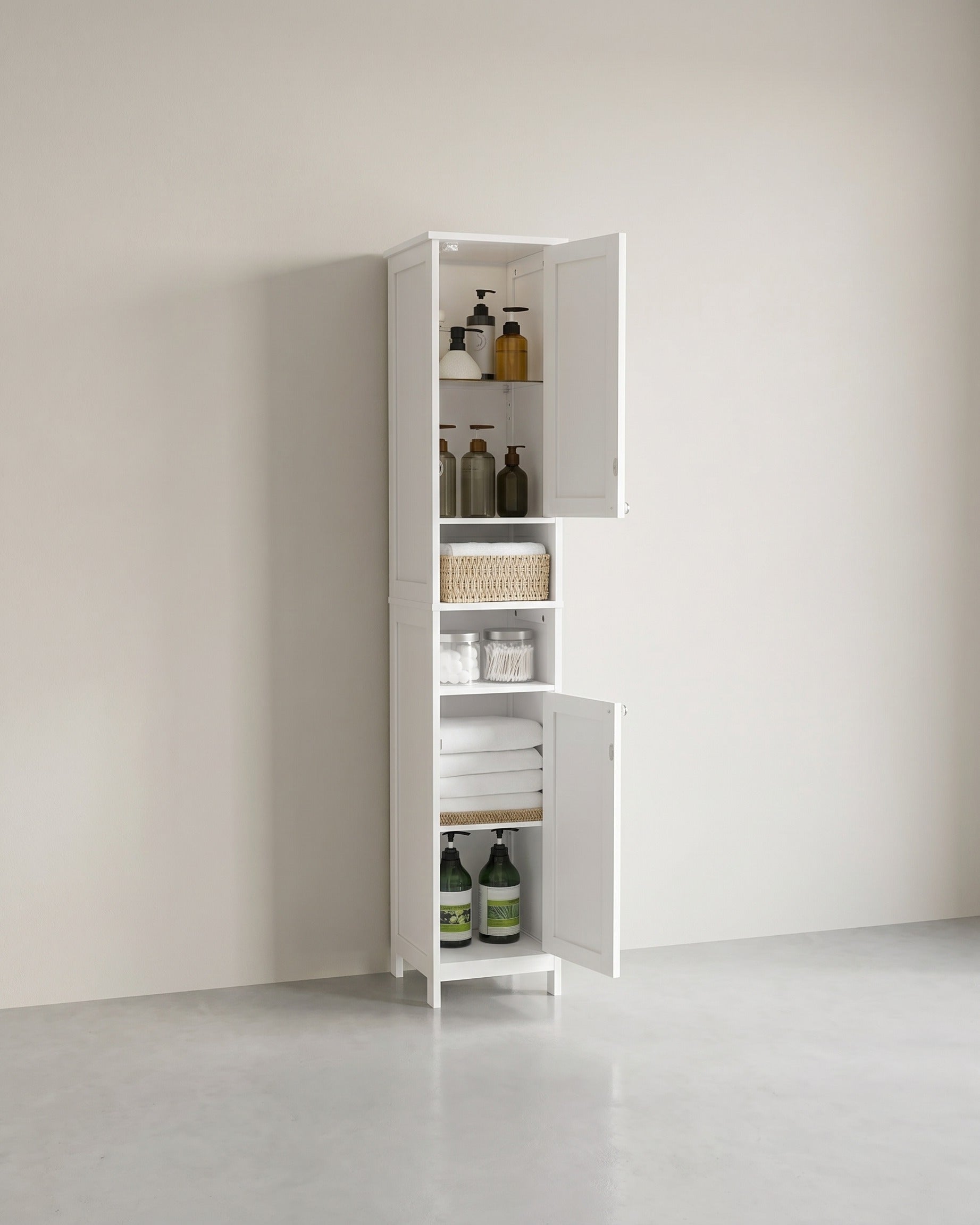 Hoher und schmaler Badezimmerschrank mit Beleuchtung – Moderner Aufbewahrungsschrank – Mit verstellbaren Regalen – 170 cm hoch – Weiß