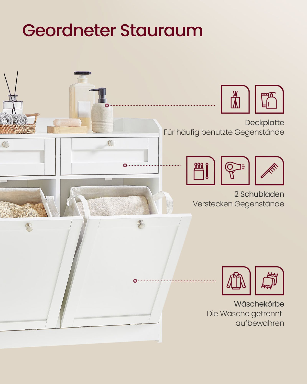 Badezimmerschrank mit Wäschekörben – 2-in-1-Aufbewahrungssystem – kippbar – 80 cm breit