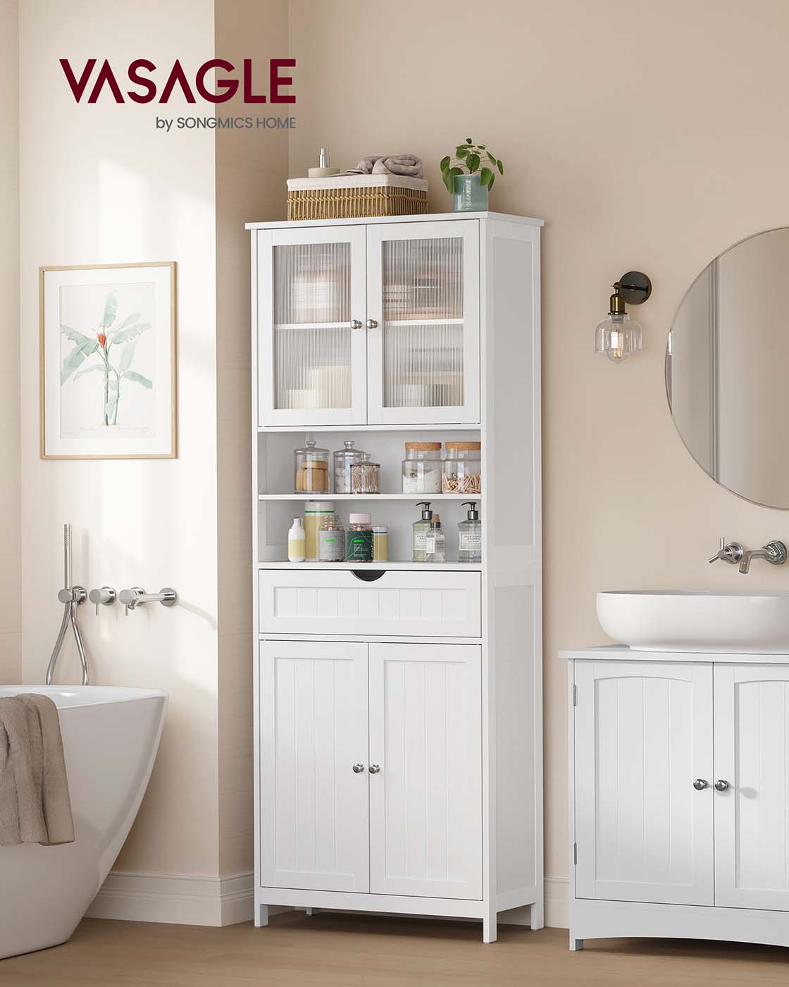 Badezimmerschrank hoch 170 cm – mit oder ohne LED-Beleuchtung – verstellbare Böden, Schublade & offene Fächer – Weiß
