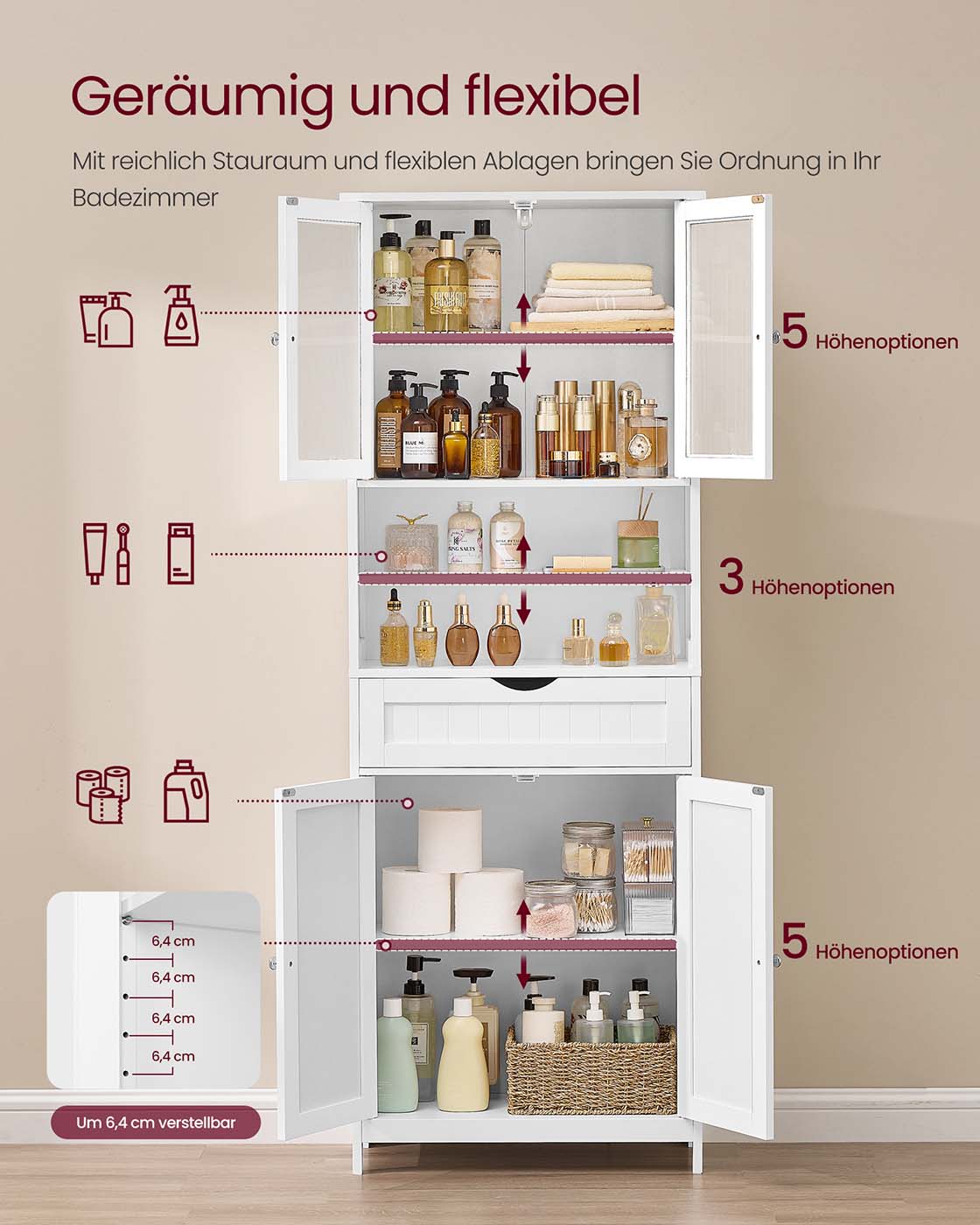 Badezimmerschrank hoch 170 cm – mit oder ohne LED-Beleuchtung – verstellbare Böden, Schublade & offene Fächer – Weiß