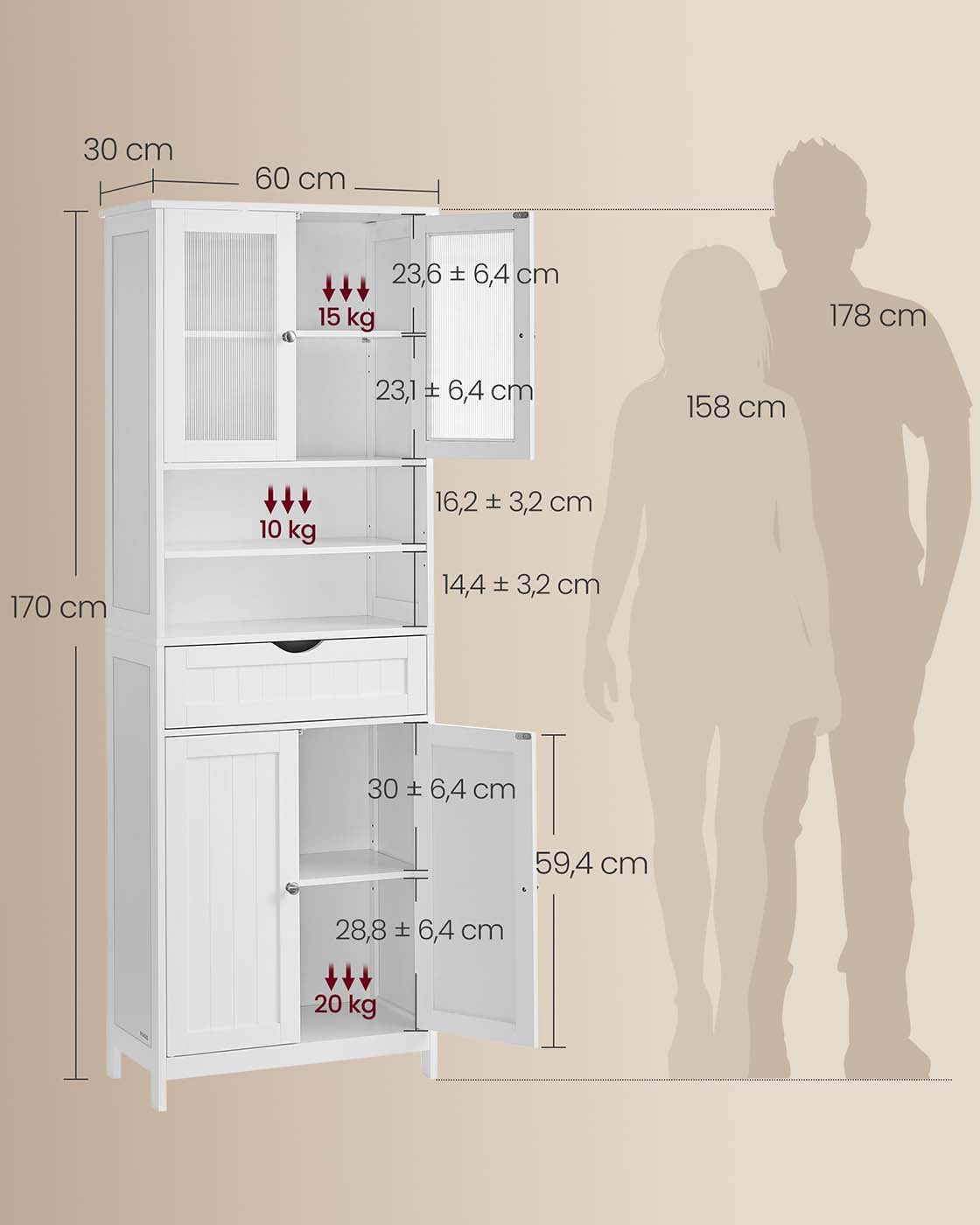 Badezimmerschrank hoch 170 cm – mit oder ohne LED-Beleuchtung – verstellbare Böden, Schublade & offene Fächer – Weiß