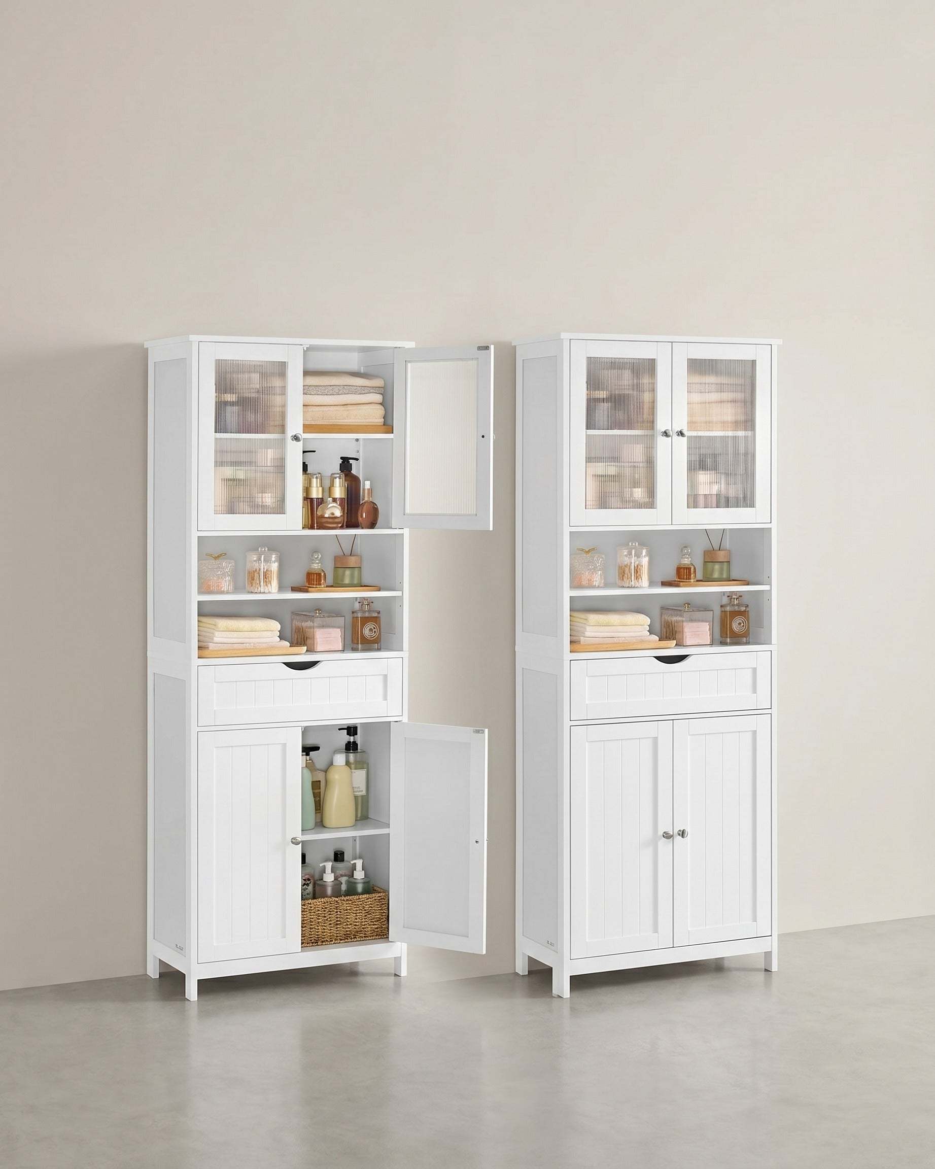 Badezimmerschrank mit oder ohne LED-Beleuchtung – Aufbewahrungsschrank mit verstellbaren Einlegeböden, Schublade und offenen Fächern – Ohne Erleuchtung