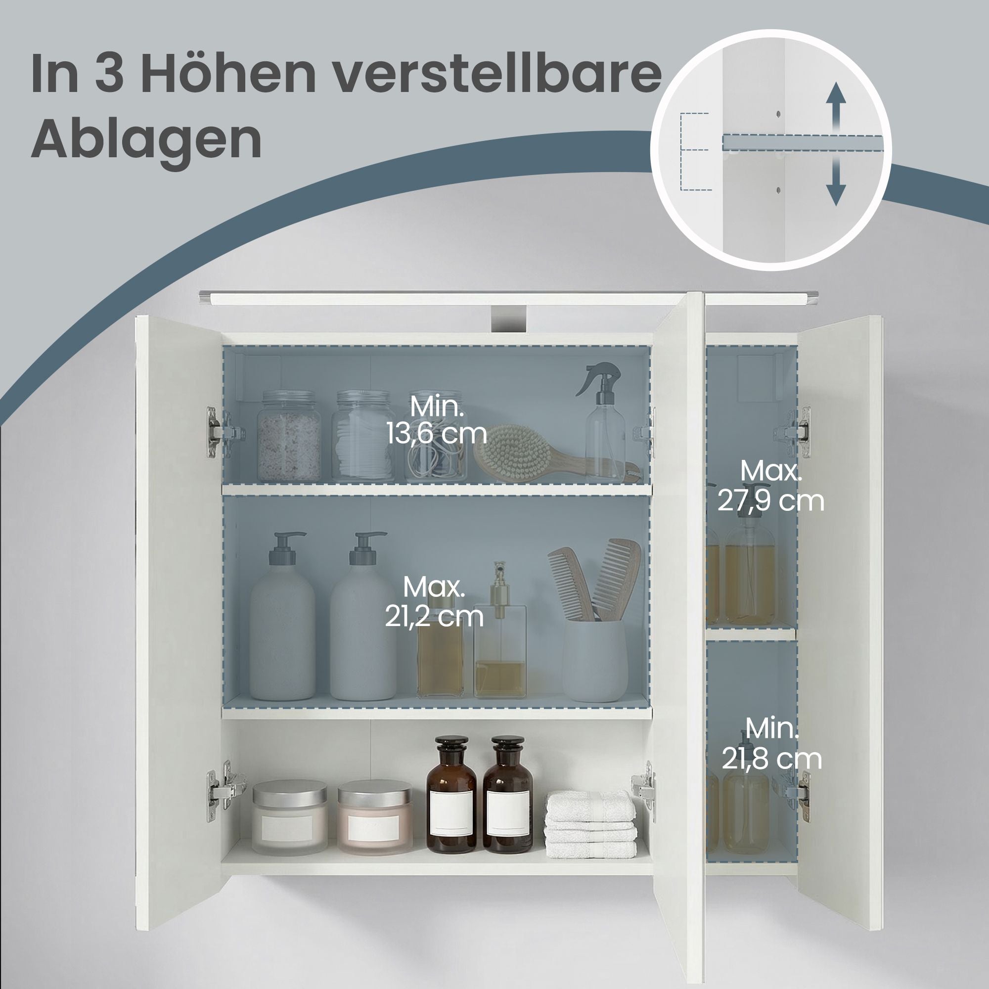 Spiegelschrank - Hängeschrank Mit Verstellbaren Böden Und Beleuchtung - Für Badezimmer