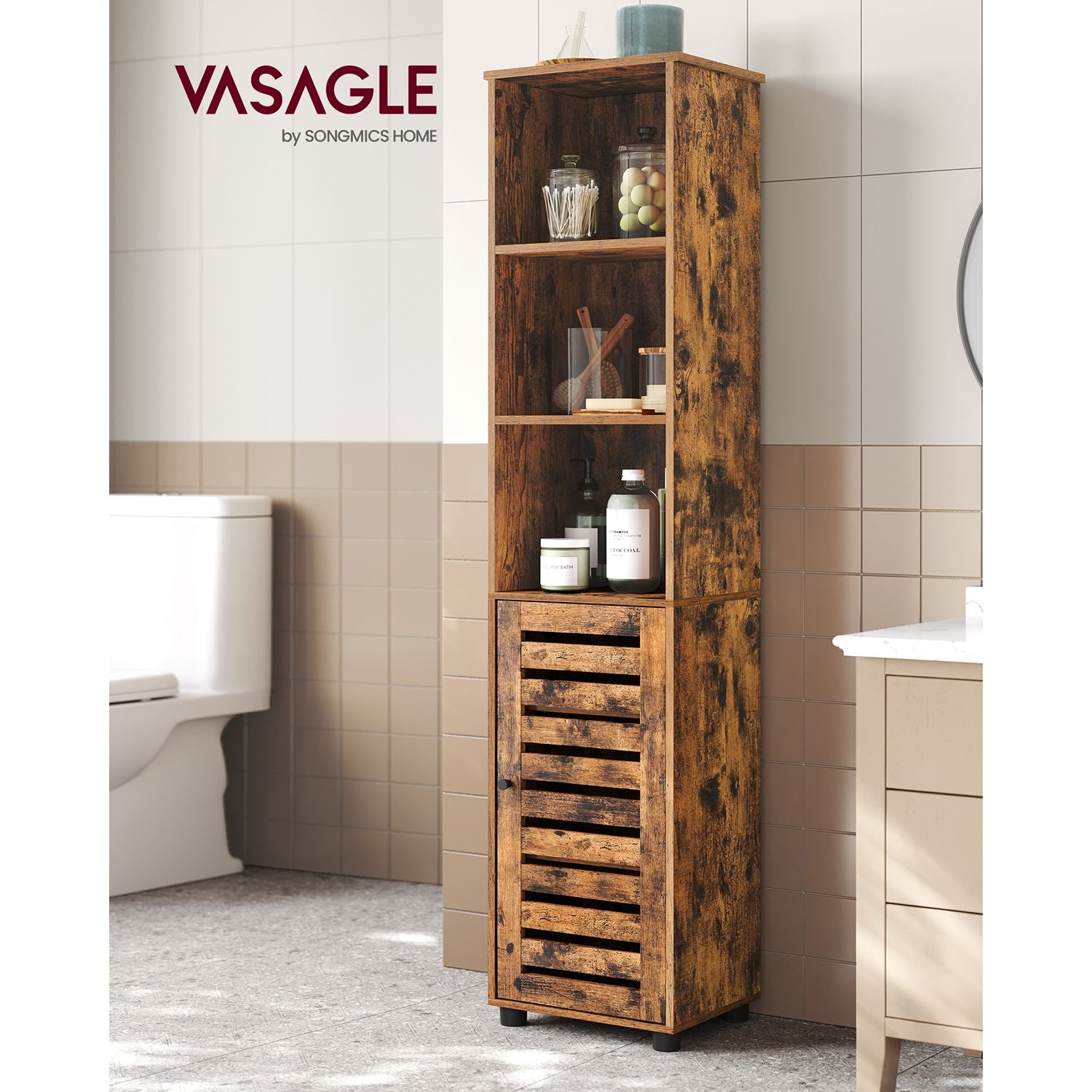Hoher Lagerschrank mit Tür und offenen Fächern – Industriedesign – 167 cm hoch – Rustikales Braun