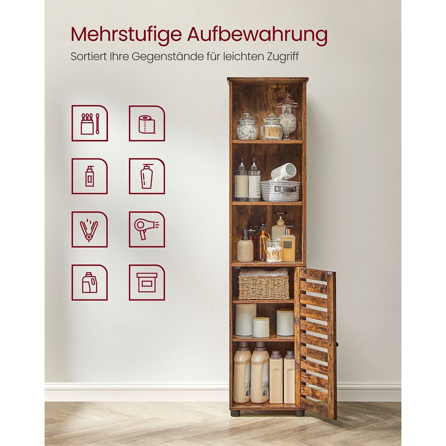 Hoher Lagerschrank mit Tür und offenen Fächern – Industriedesign – 167 cm hoch – Rustikales Braun
