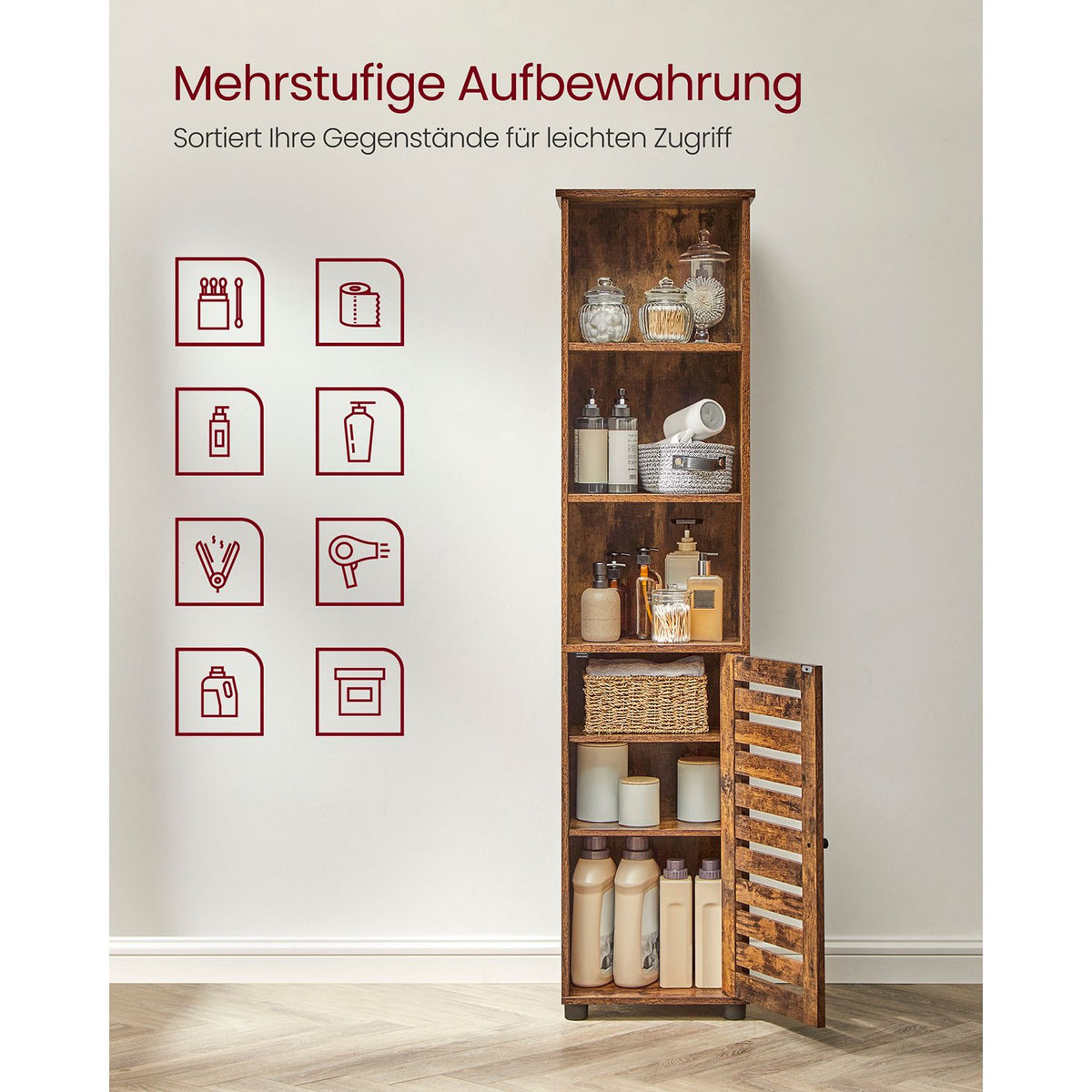 Hoher Lagerschrank mit Tür und offenen Fächern – Industriedesign – 167 cm hoch – Rustikales Braun