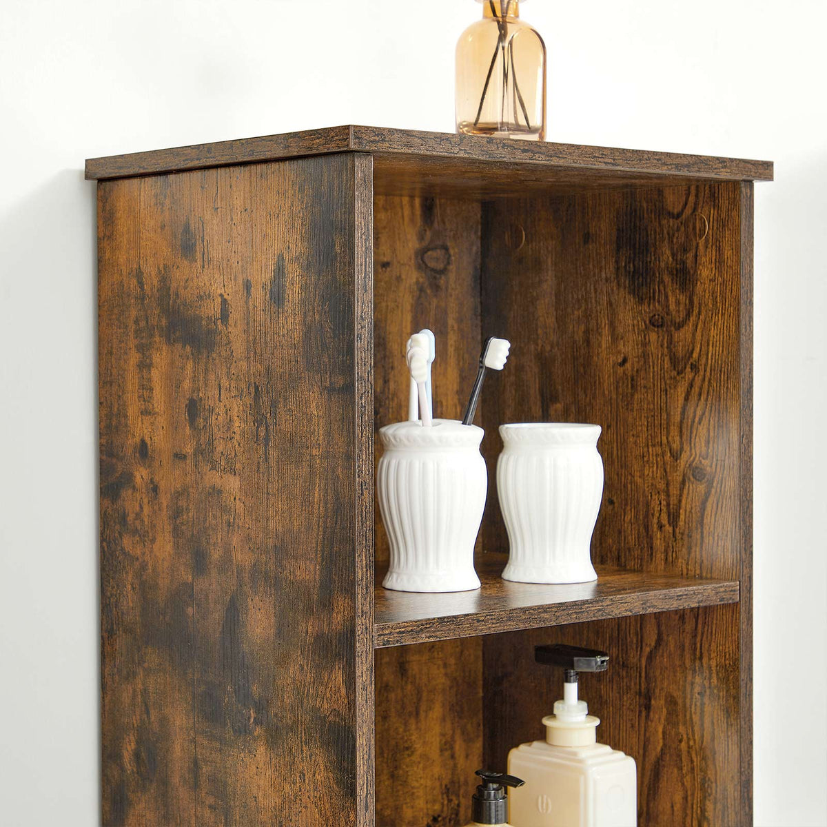 Hoher Lagerschrank mit Tür und offenen Fächern – Industriedesign – 167 cm hoch – Rustikales Braun