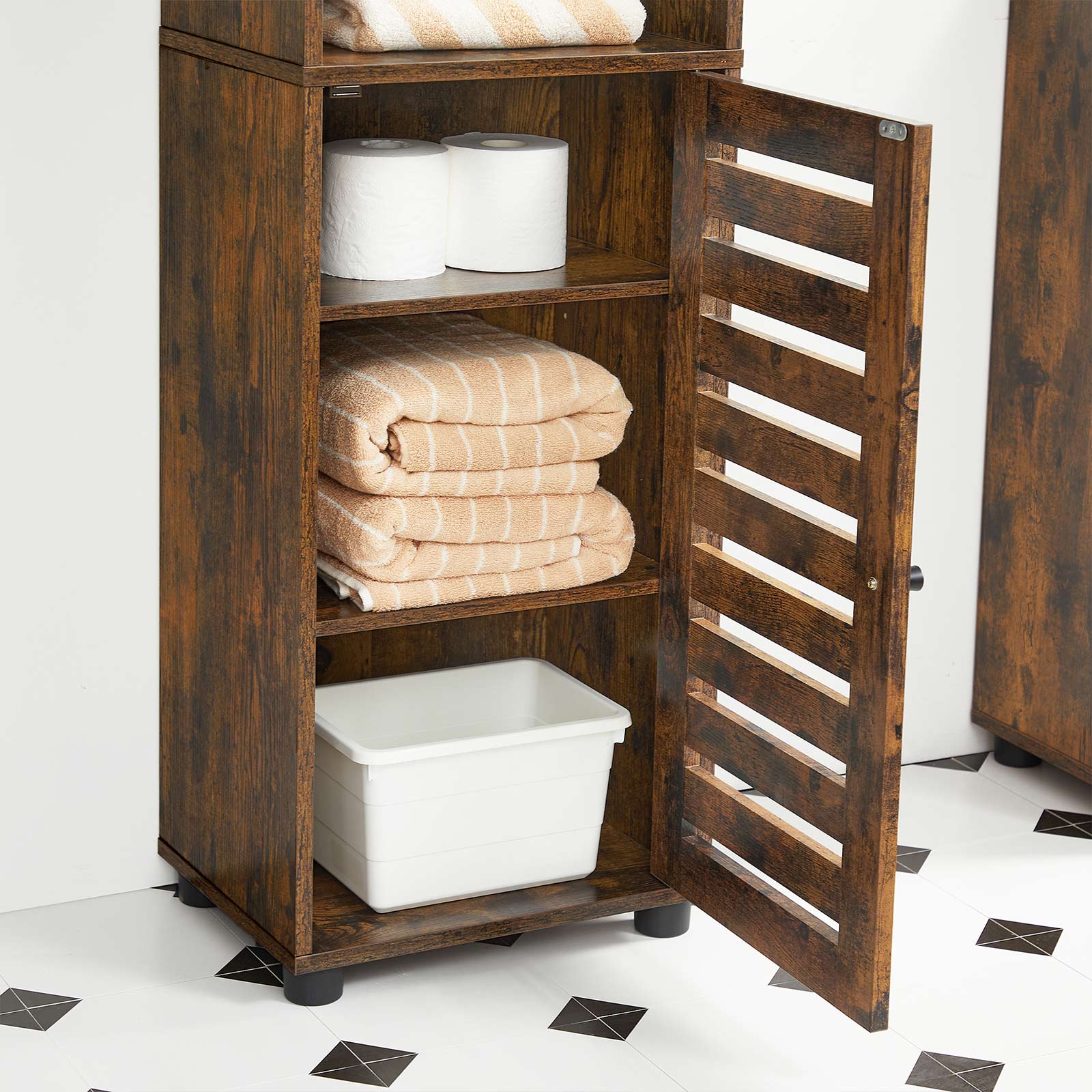 Hoher Lagerschrank mit Tür und offenen Fächern – Industriedesign – 167 cm hoch – Rustikales Braun