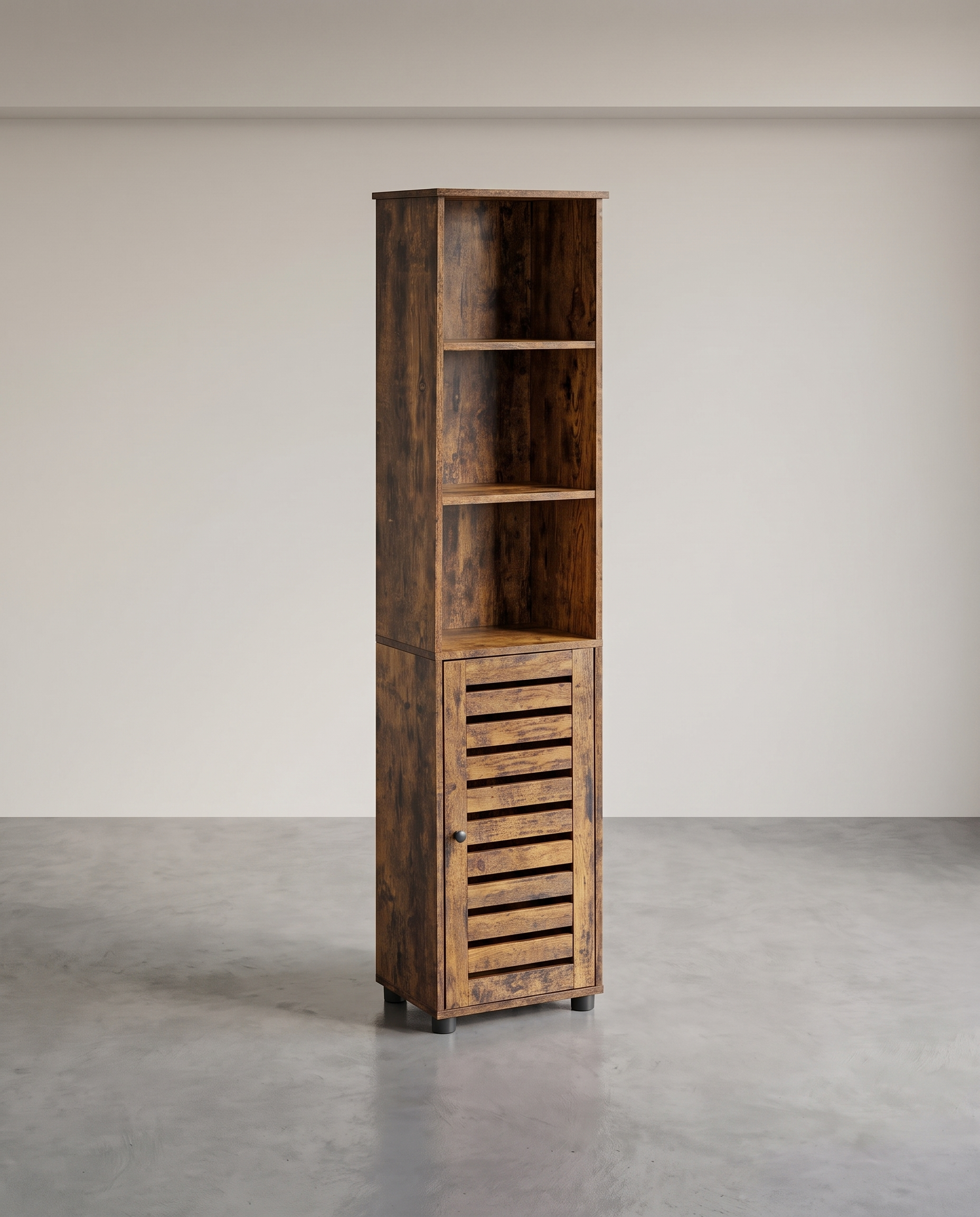 Hoher Lagerschrank mit Tür und offenen Fächern – Industriedesign – 167 cm hoch – Rustikales Braun