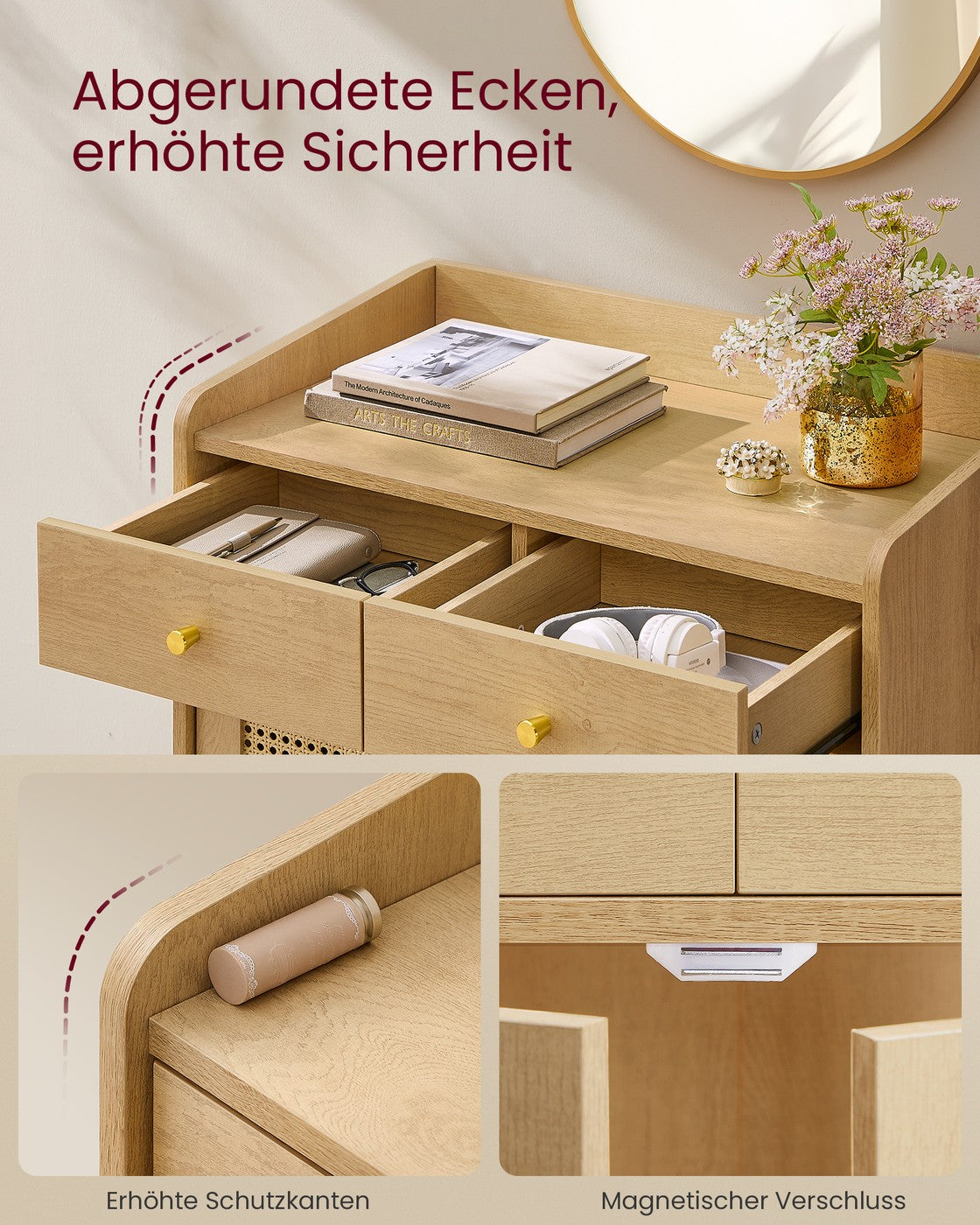 Sideboard – Stilvoller Aufbewahrungsschrank mit Rattan- und Massivholzbeinen