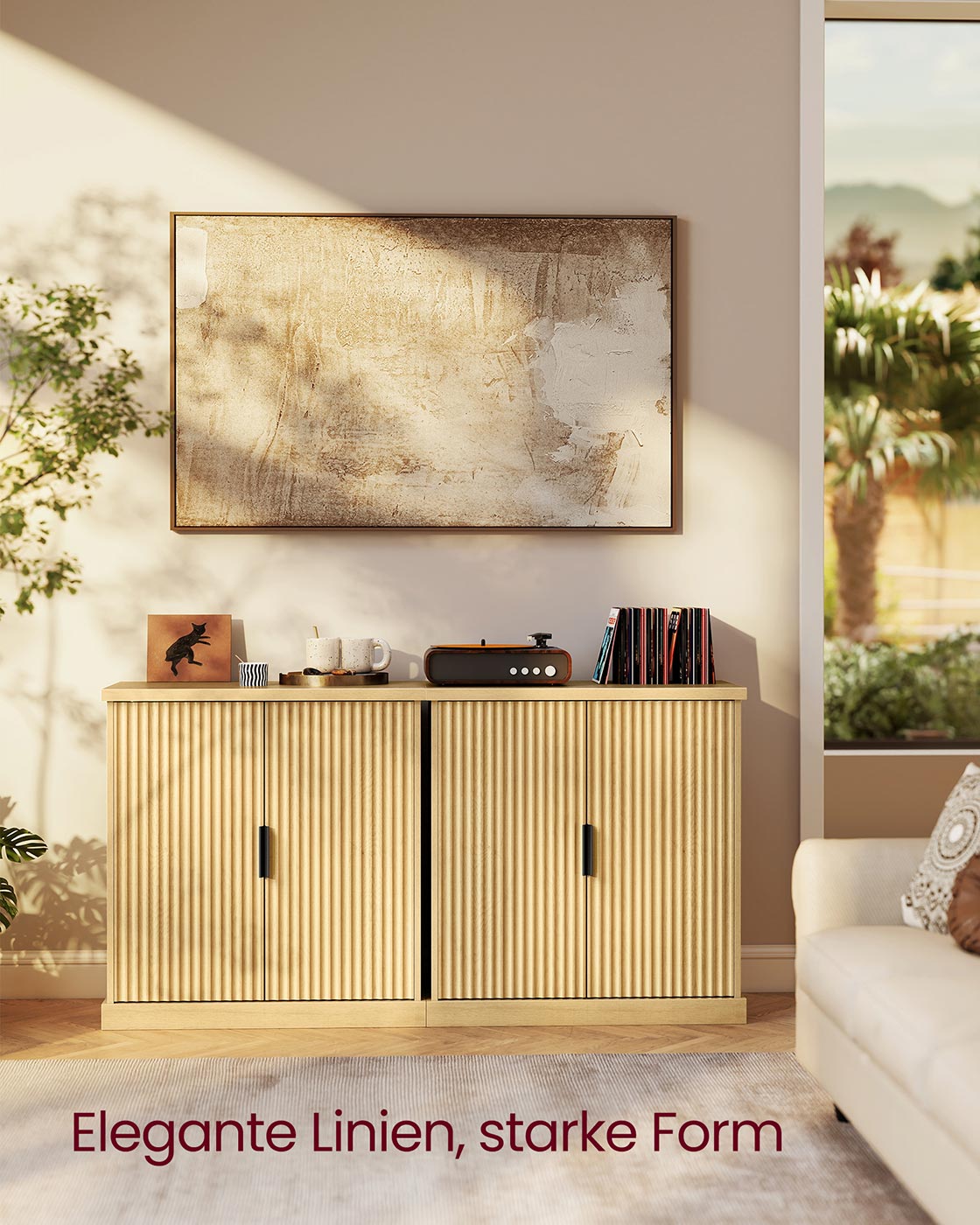 Sideboard mit geriffelten Türen – Aufbewahrungsschrank mit verstellbarem Boden – 76 cm breit – Eichenbeige