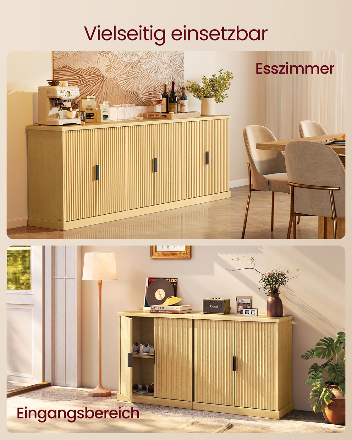 Sideboard mit geriffelten Türen – Aufbewahrungsschrank mit verstellbarem Boden – 76 cm breit – Eichenbeige