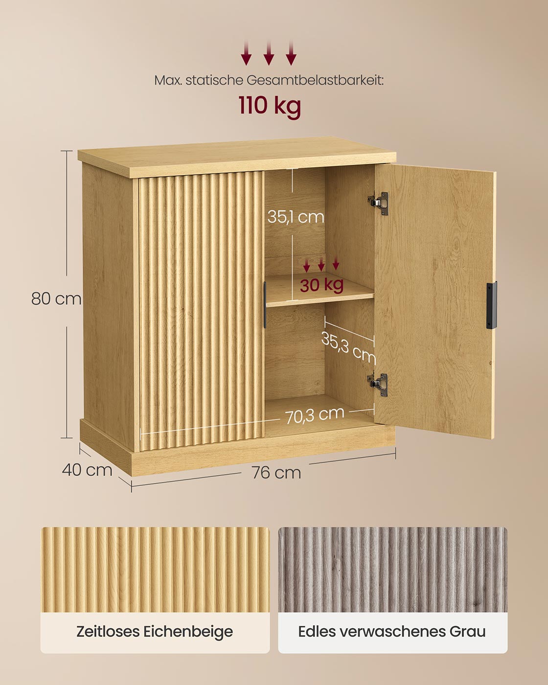 Sideboard mit geriffelten Türen – Aufbewahrungsschrank mit verstellbarem Boden – 76 cm breit – Eichenbeige