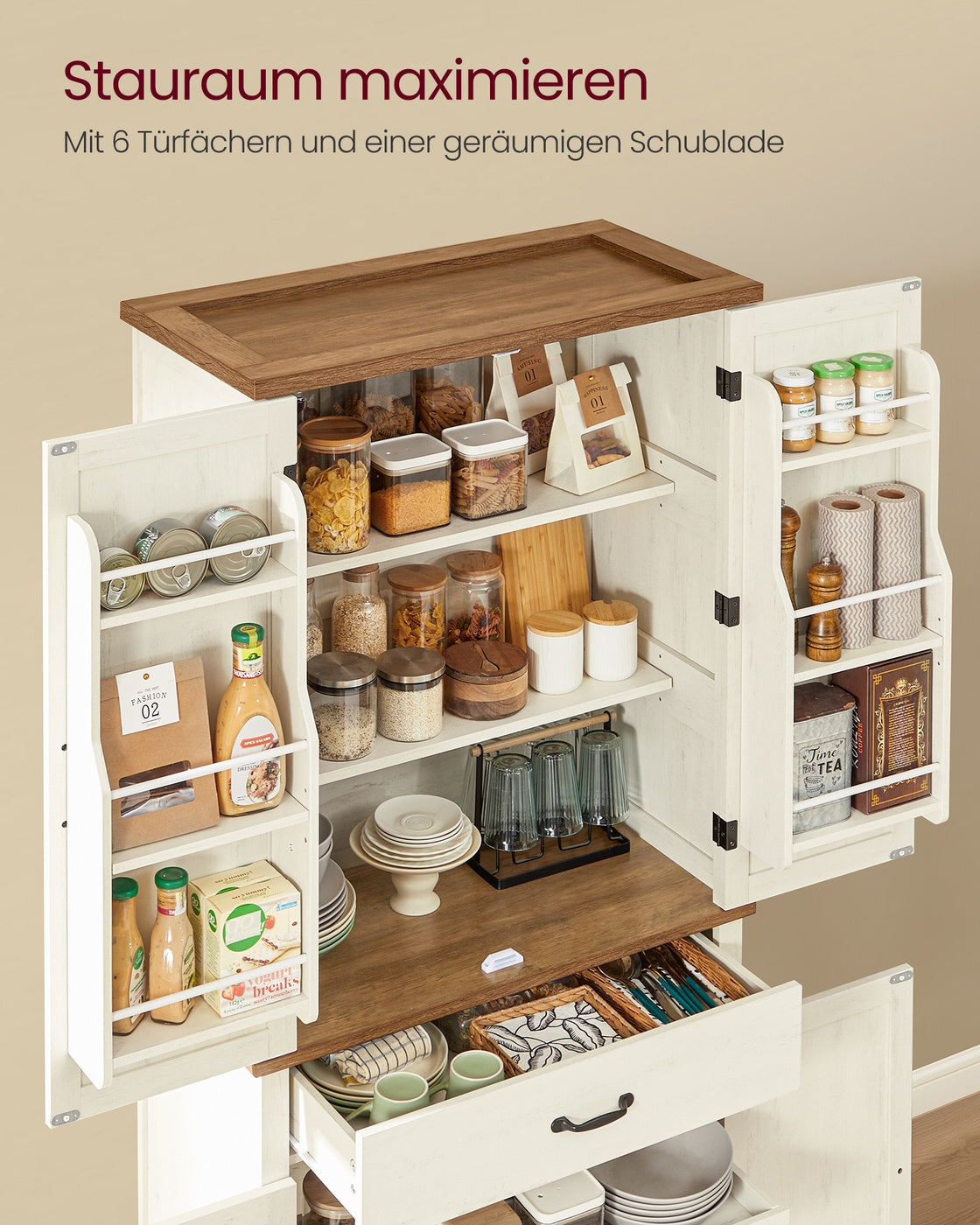 Vorratsschrank mit Schublade und Auszug – 80 cm breit – verstellbare Böden – Vintage Weiß