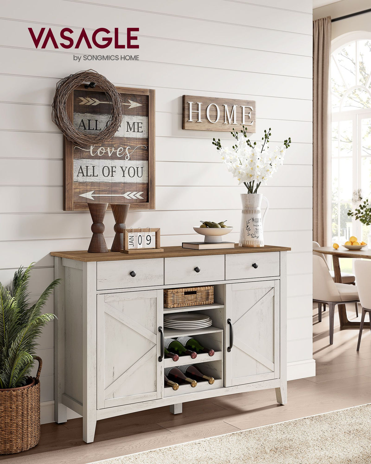 Sideboard mit Schiebetüren – Küchenschrank mit Weinregal – Landhausstil – 114,5 cm breit