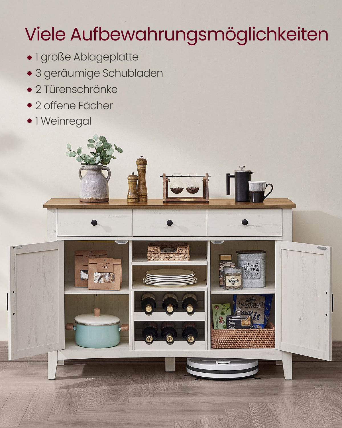 Sideboard mit Schiebetüren – Küchenschrank mit Weinregal – Landhausstil – 114,5 cm breit