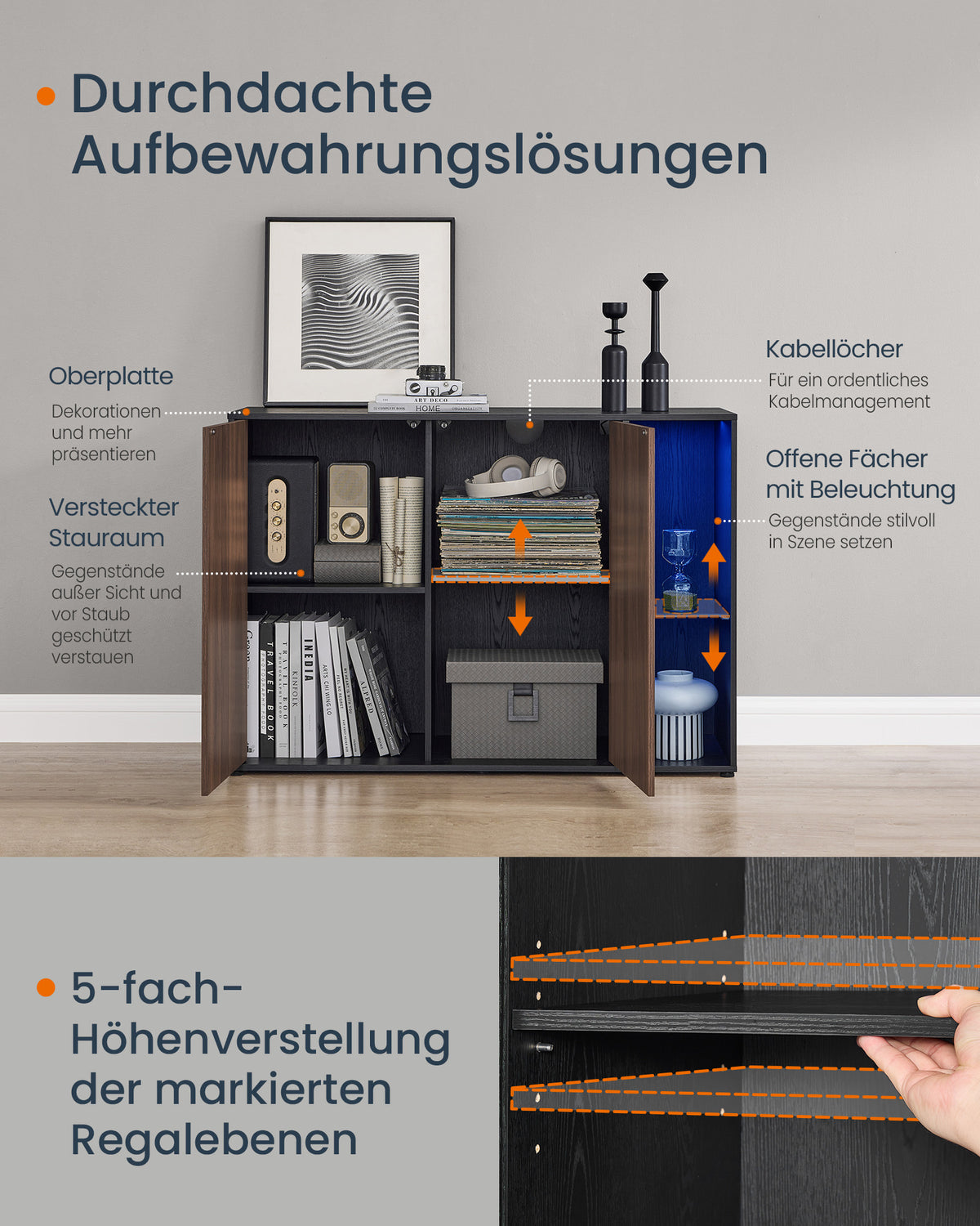 Lagerschrank mit LED-Beleuchtung - Sideboard mit offenen und geschlossenen Fächern