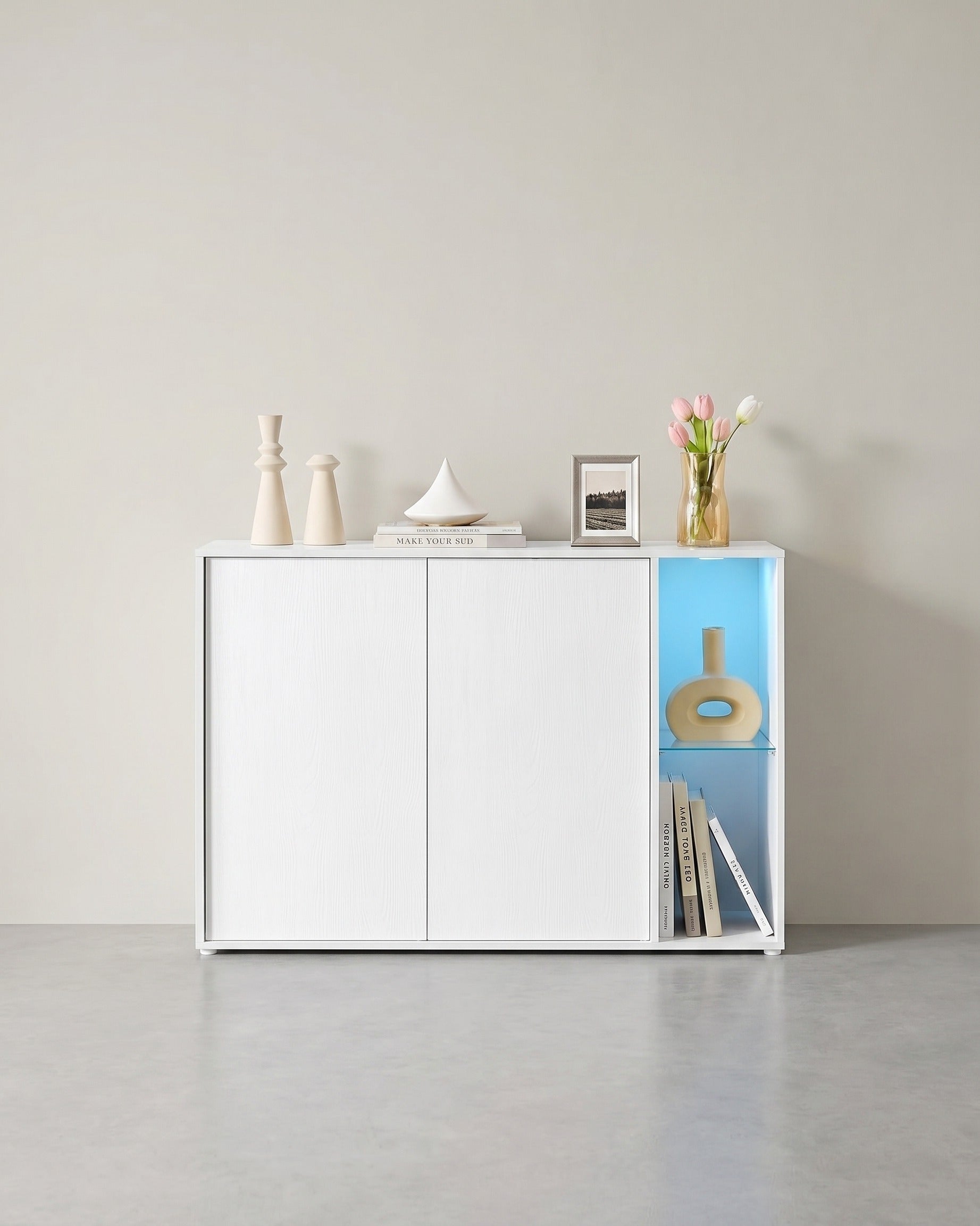 Lagerschrank mit LED-Beleuchtung - Sideboard mit offenen und geschlossenen Fächern – Weiß