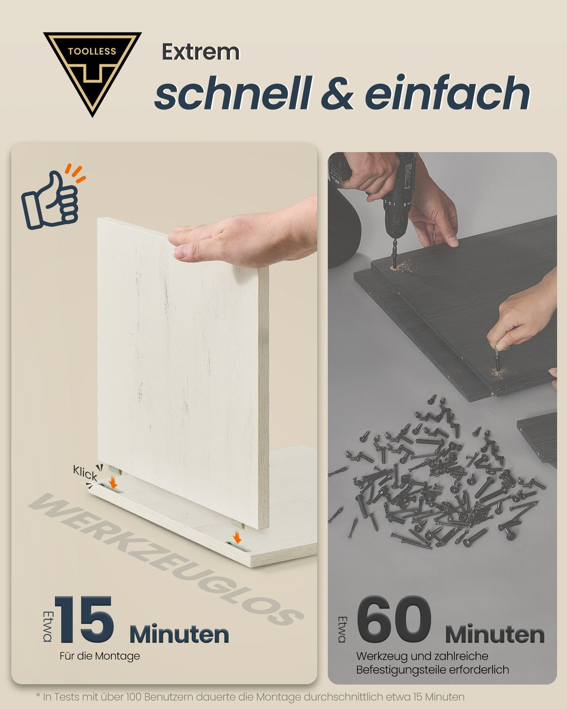 Sideboard – Küchenschrank mit Arbeitsplatte und verstellbaren Einlegeböden – Weiß und Honigbraun – Montage ohne Werkzeug